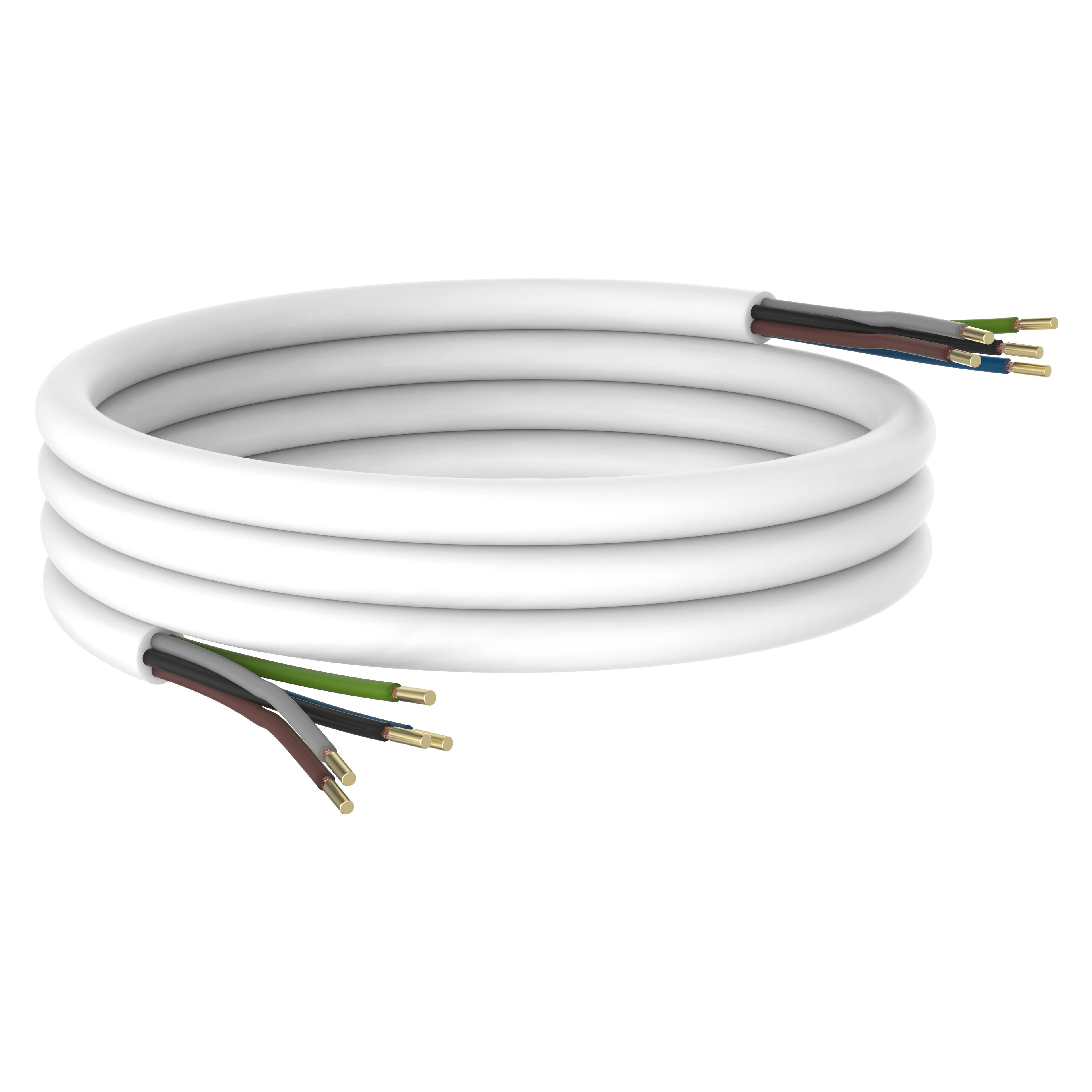 Ein aufgerolltes weißes Elektrokabel mit vier freigelegten farbigen Drähten an einem Ende vor schwarzem Hintergrund, was auf Aufgaben der Elektroinstallation hindeutet.