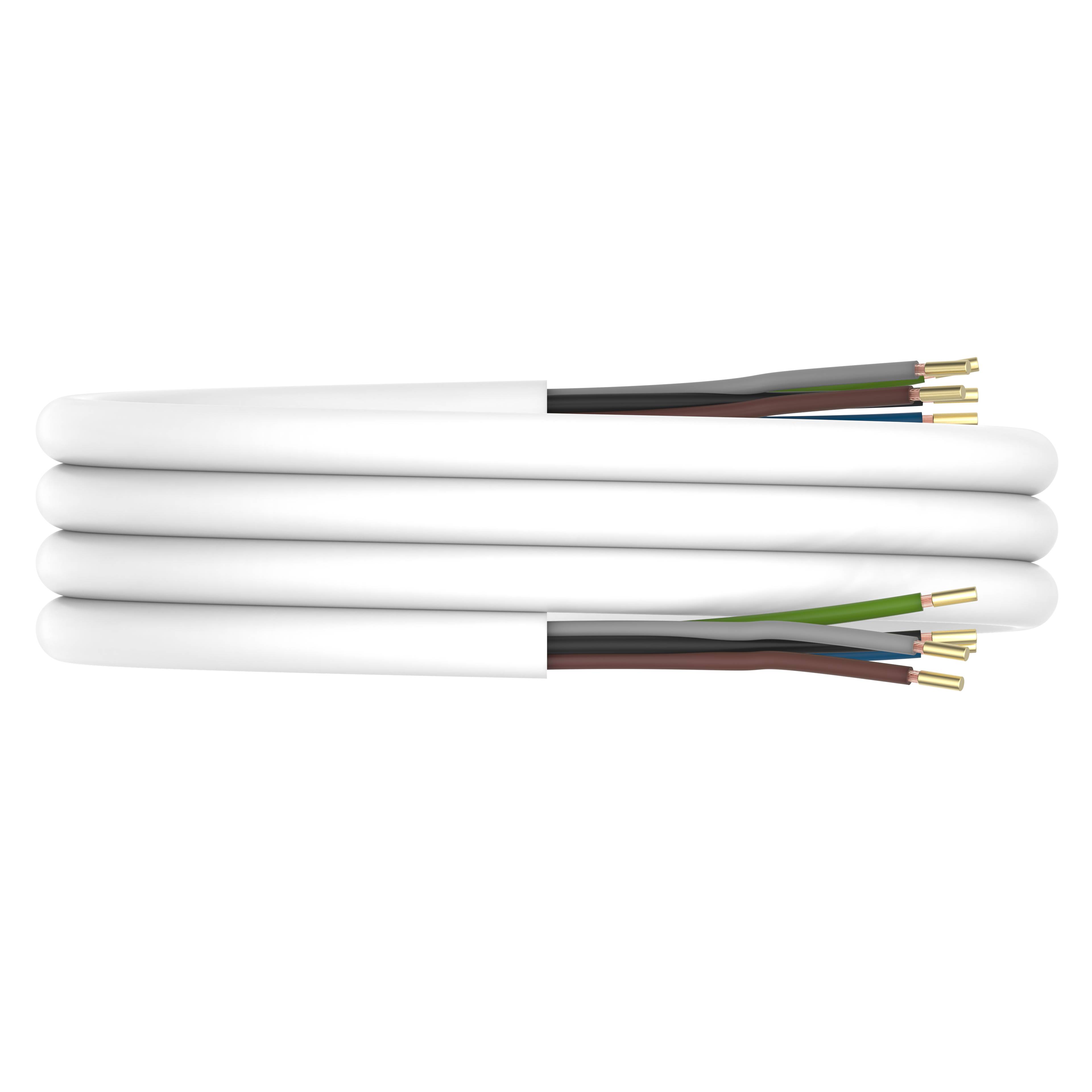 Ein aufgerolltes Bündel von Elektrokabeln mit weißer Umhüllung, das an den Enden vier verschiedenfarbige Drähte zeigt: rot, schwarz, grün und blau.