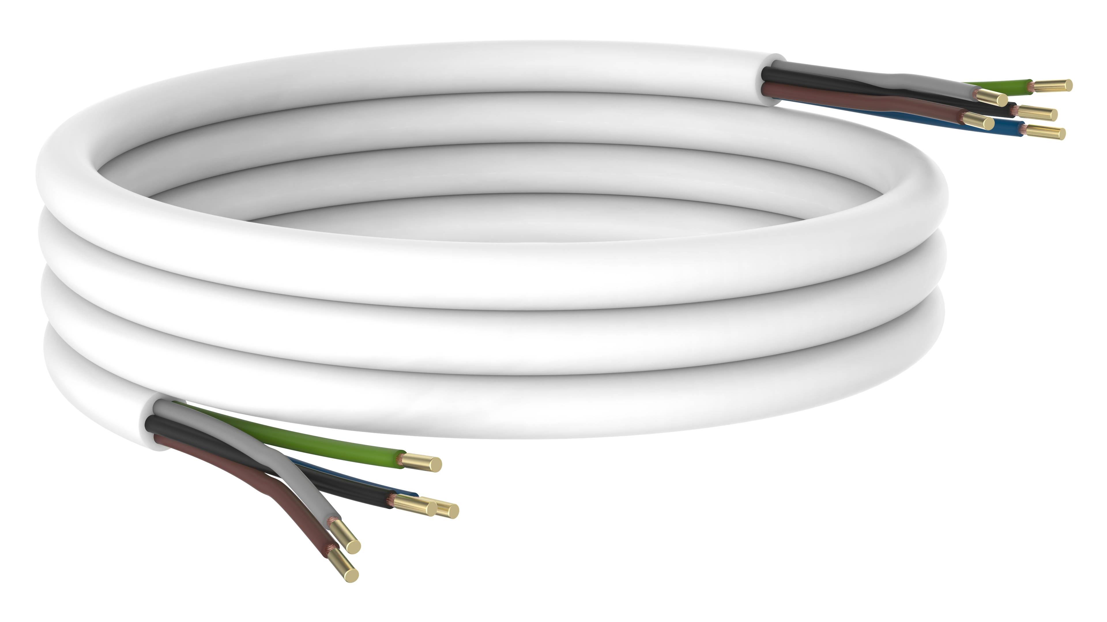 Ein aufgerolltes weißes Elektrokabel mit mehreren freiliegenden Kupferdrähten verschiedener Farben an jedem Ende auf schwarzem Hintergrund.
