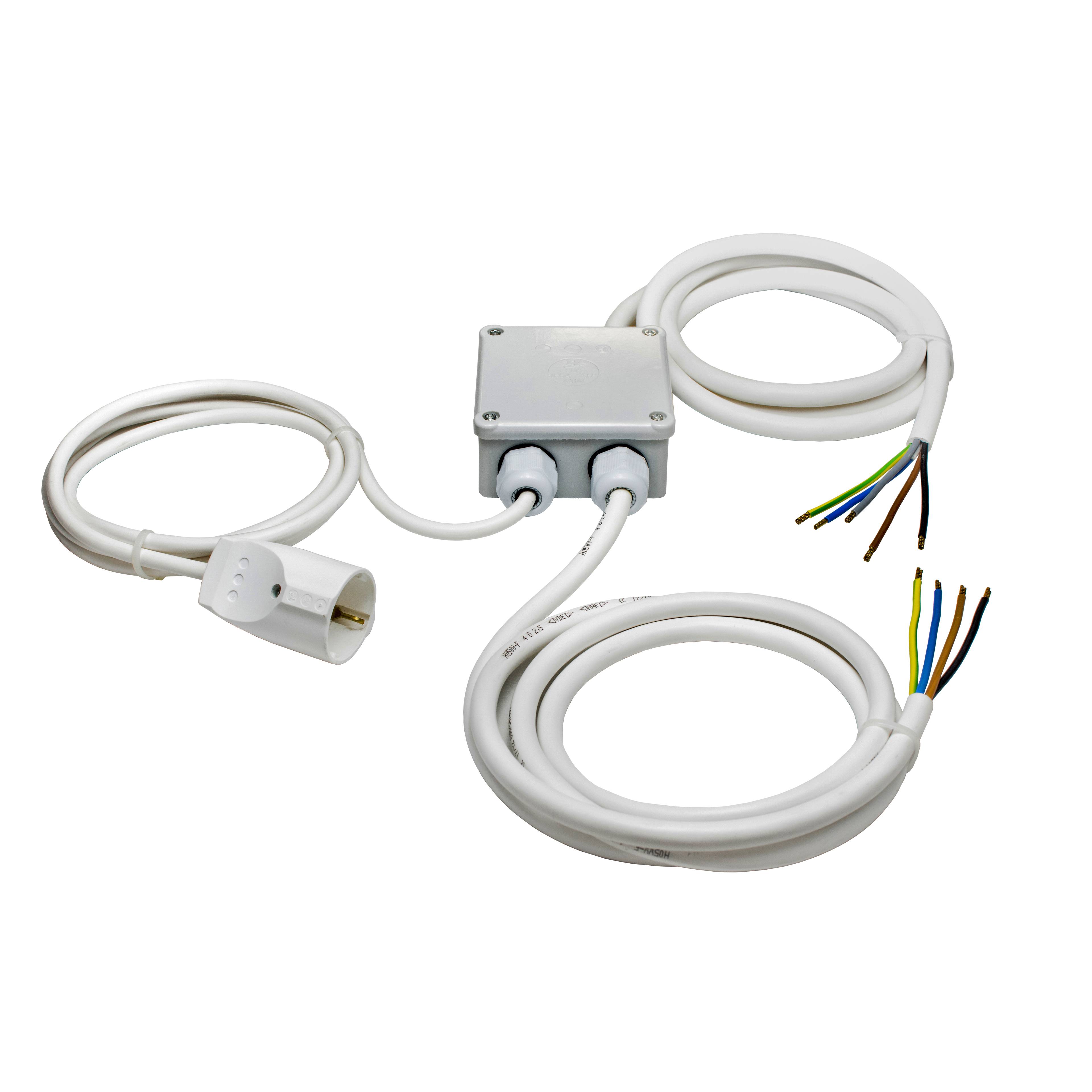 Elektrischer Verteilkasten mit angeschlossenen Kabeln; Drähte ragen heraus und zeigen verschiedenfarbige interne Drähte zur Installationsnutzung.