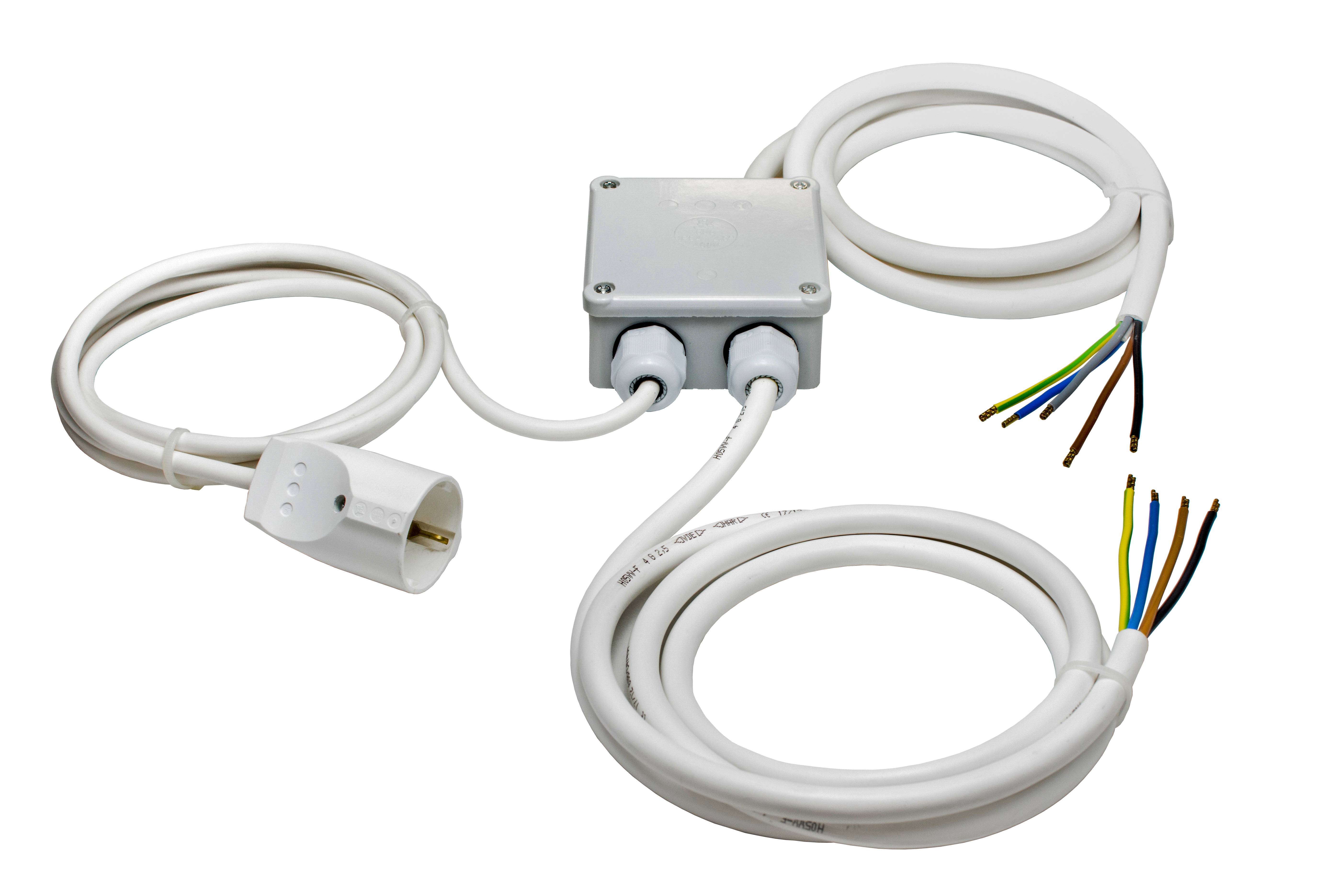 Elektrischer Verteilerkasten mit weißen Kabeln und abgetrennten Drähten, die in einem kreisförmigen Muster auf schwarzem Hintergrund angeordnet sind.