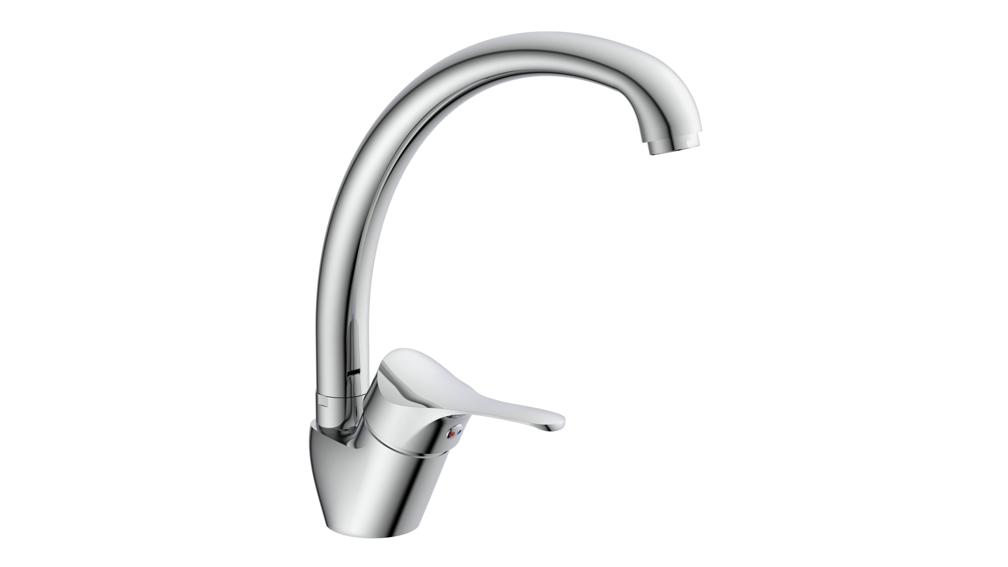 Ein glänzender silberner Küchenarmatur mit geschwungenem Auslauf und einem einhebel-Griff vor schwarzem Hintergrund.