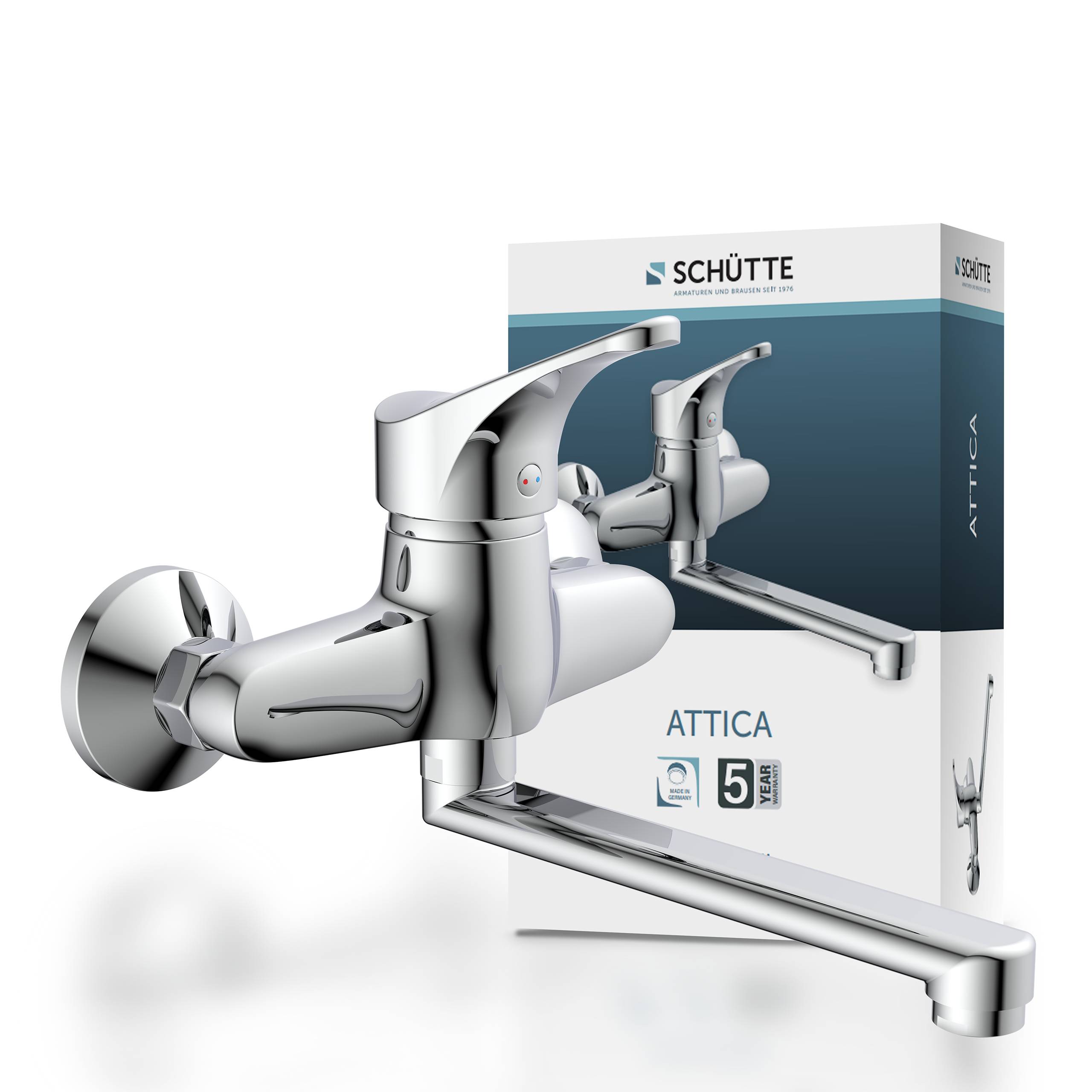 Ein eleganter silberner Wasserhahn mit Hebelbedienung, gezeigt vor seiner Verpackung. Die Schachtel zeigt die Marke und hebt eine 5-Jahres-Garantie hervor.