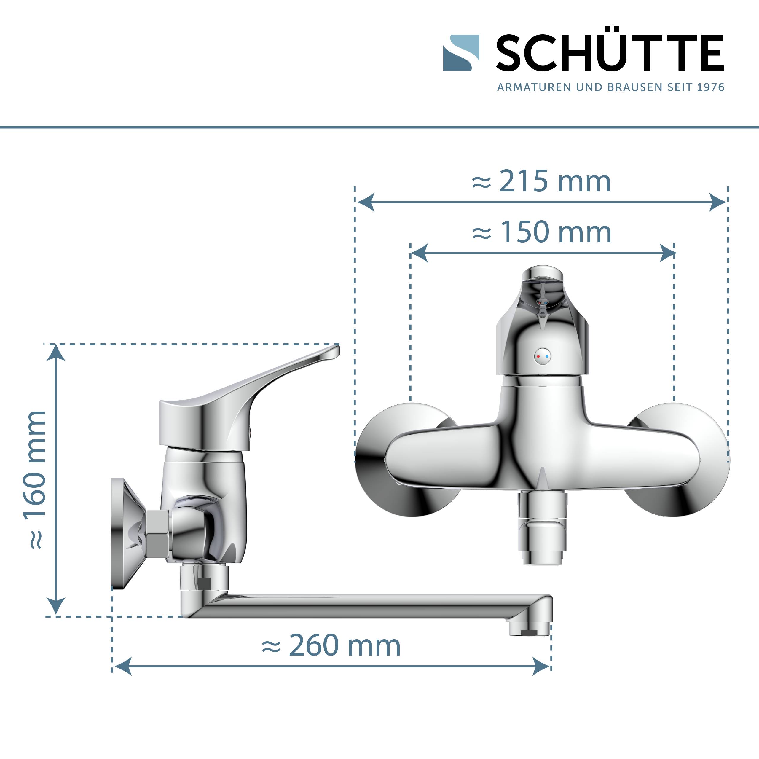 Diagramm eines Wasserhahns mit Abmessungen: Höhe 160 mm, Tiefe 260 mm, Breite 215 mm. Deutscher Text gibt Marke und Gründungsjahr an, 1976.
