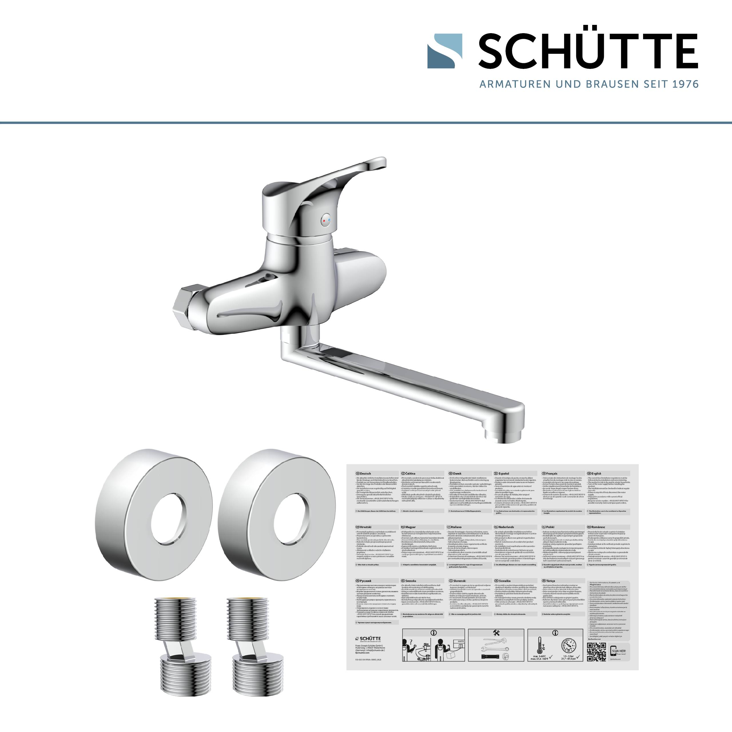 Ein modernes Küchenarmaturenset aus Chrom von Schütte, bestehend aus einer Armatur, zwei Montagescheiben, Anschlussarmaturen und einer mehrsprachigen Installationsanleitung.