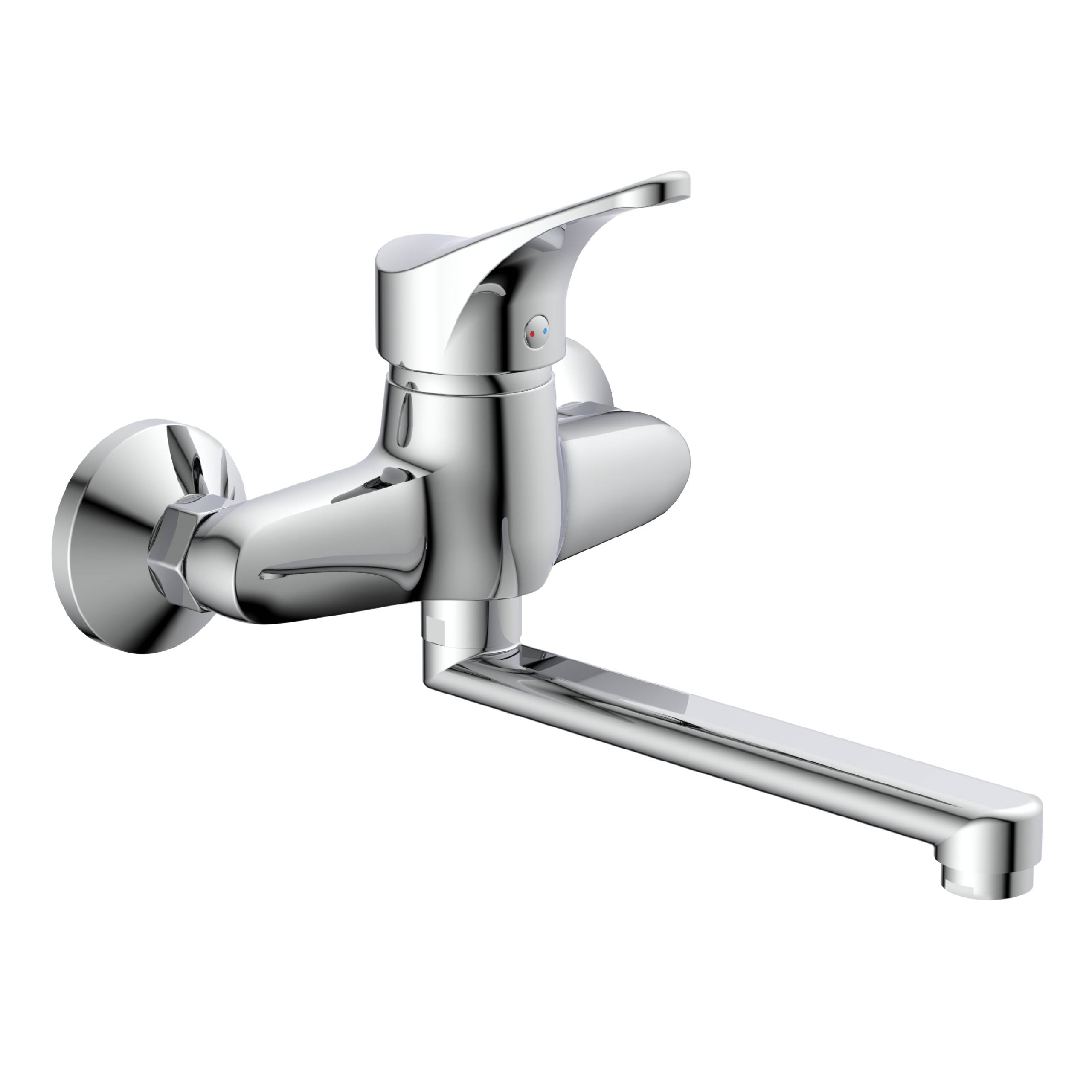 Wandmontierter Chromwasserhahn mit einfachem Hebel und schwenkbarem Auslauf, konzipiert für Badezimmer- oder Küchennutzung und mit modernem Design.