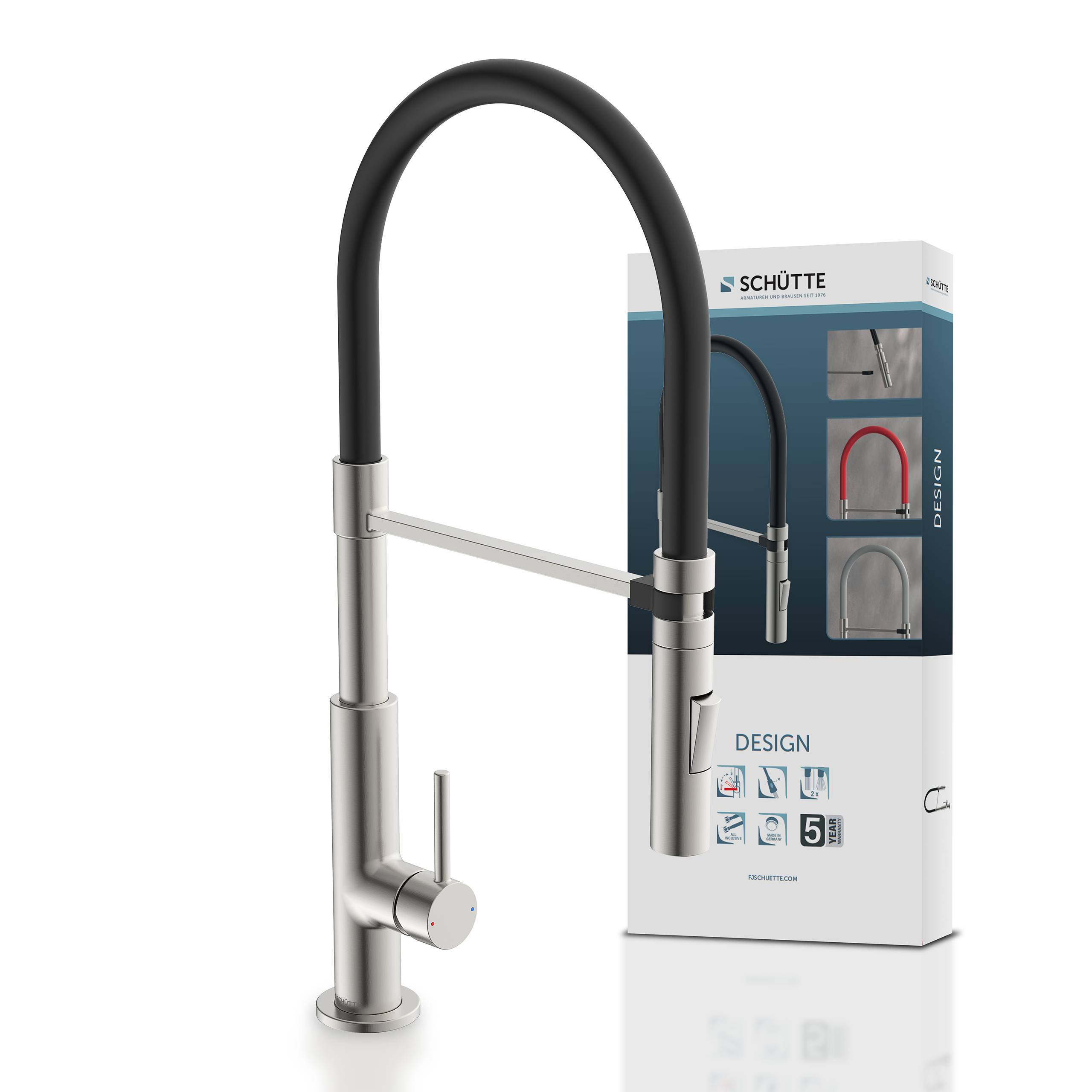 Moderner Küchenarmatur mit schlankem, hohem Design und flexiblem schwarzem Hals. Verpackungsbox zeigt verschiedene Farboptionen.