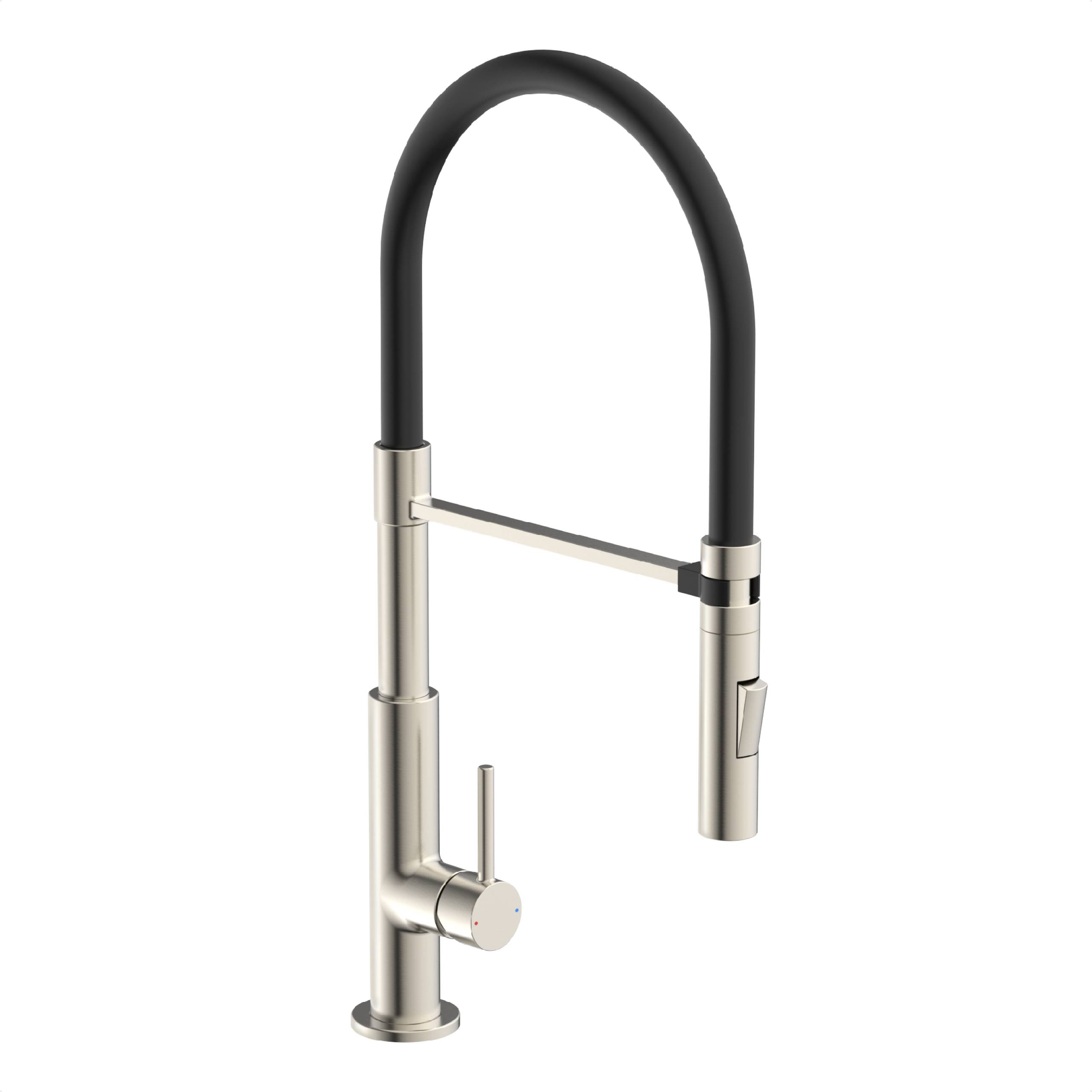 Ein schlanker, moderner Küchenarmatur mit hohem Auslauf und schwarzem Gummibestandschlauch, ausgestattet mit einem einzelnen Griff zur Wasserkontrolle.