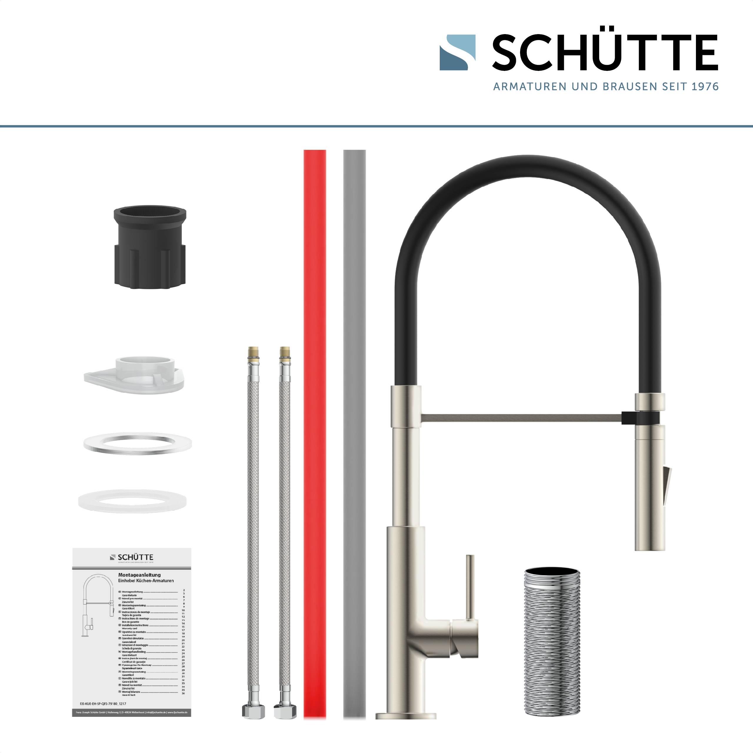 Ein Schütte-Armaturenset beinhaltet eine elegante schwarz-silberne Armatur, Schläuche, Verbindungsstücke und eine Installationsanleitung. Marke: Schütte, seit 1976.