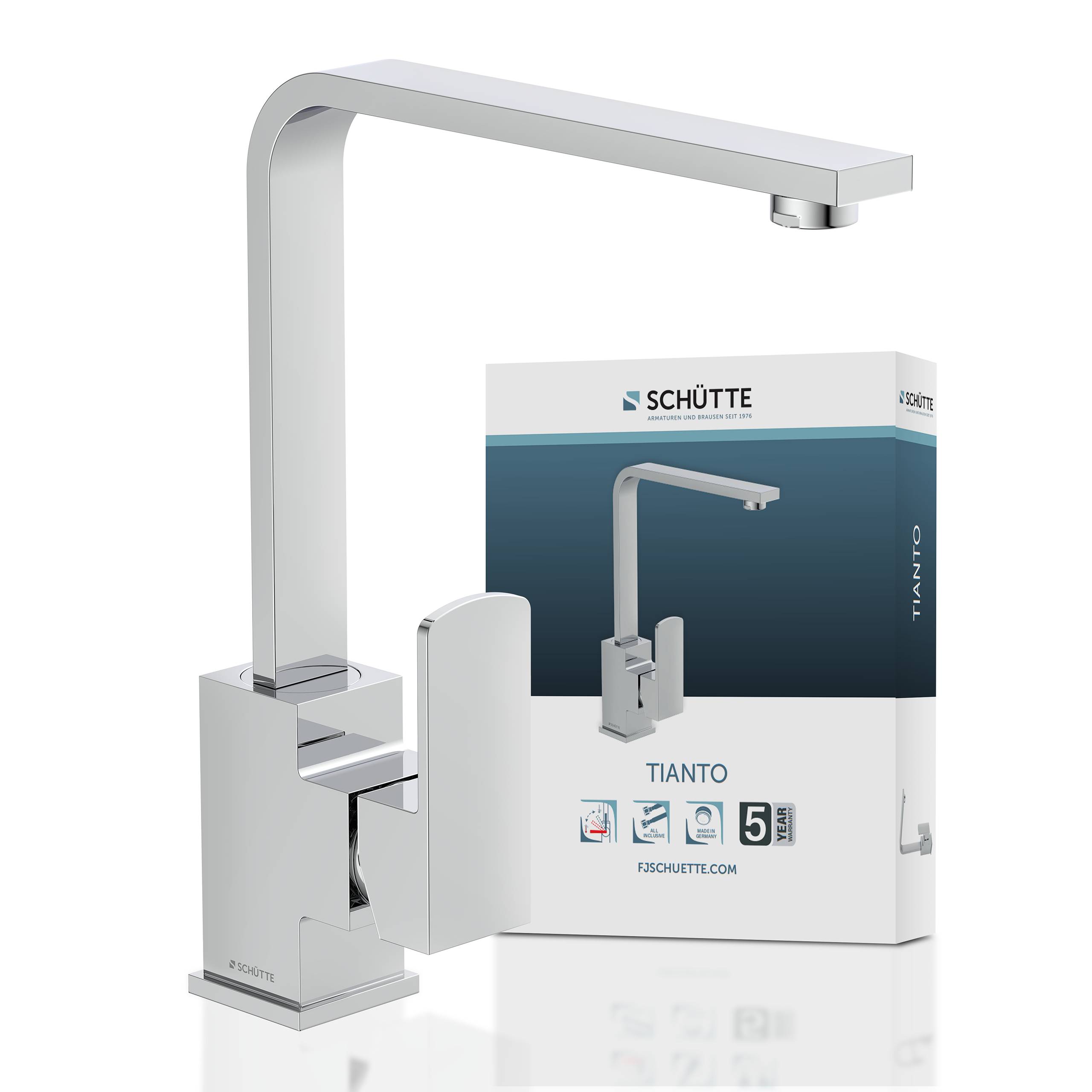 Ein moderner Küchenarmatur aus Chrom mit einer Box, die die Marke „Schütte Tianto