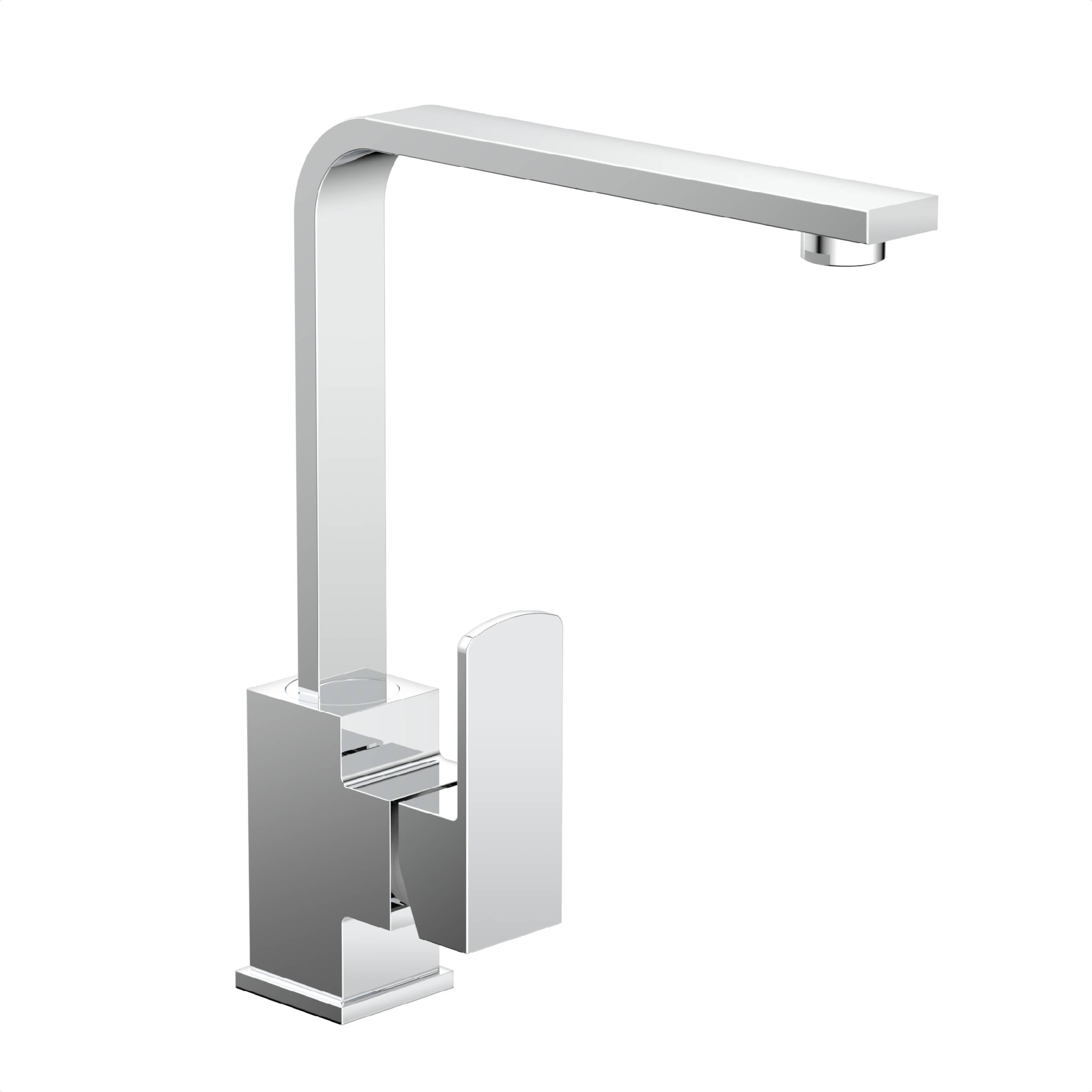Ein moderner, minimalistischer Küchenhahn aus Chrom mit quadratischer Basis und Hebel­griff, entworfen für zeitgenössische Wohninterieurs.