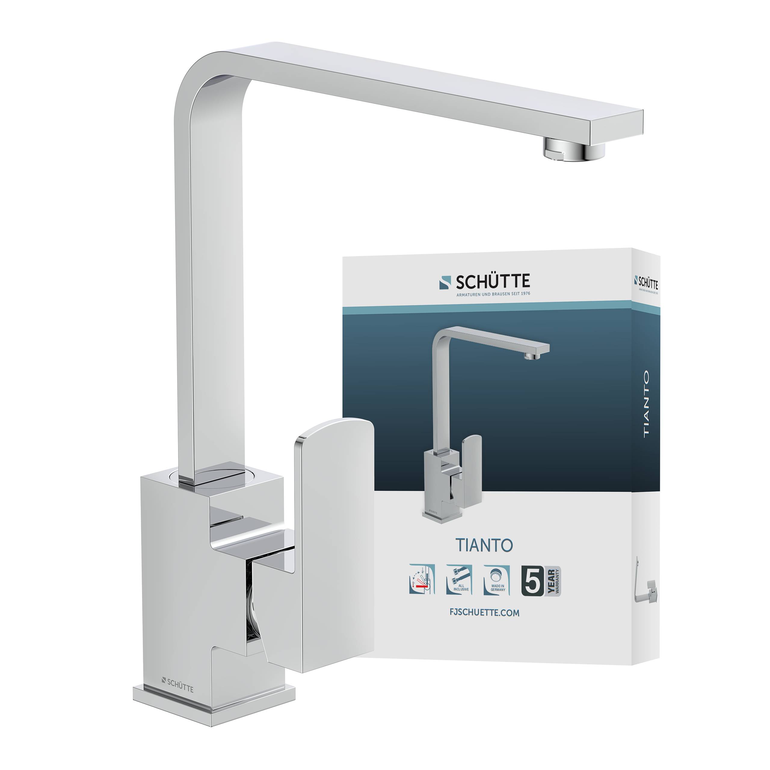 Ein moderner Küchenarmatur mit hohem, kantigem Design neben seiner Verpackungsschachtel mit der Aufschrift „Tianto