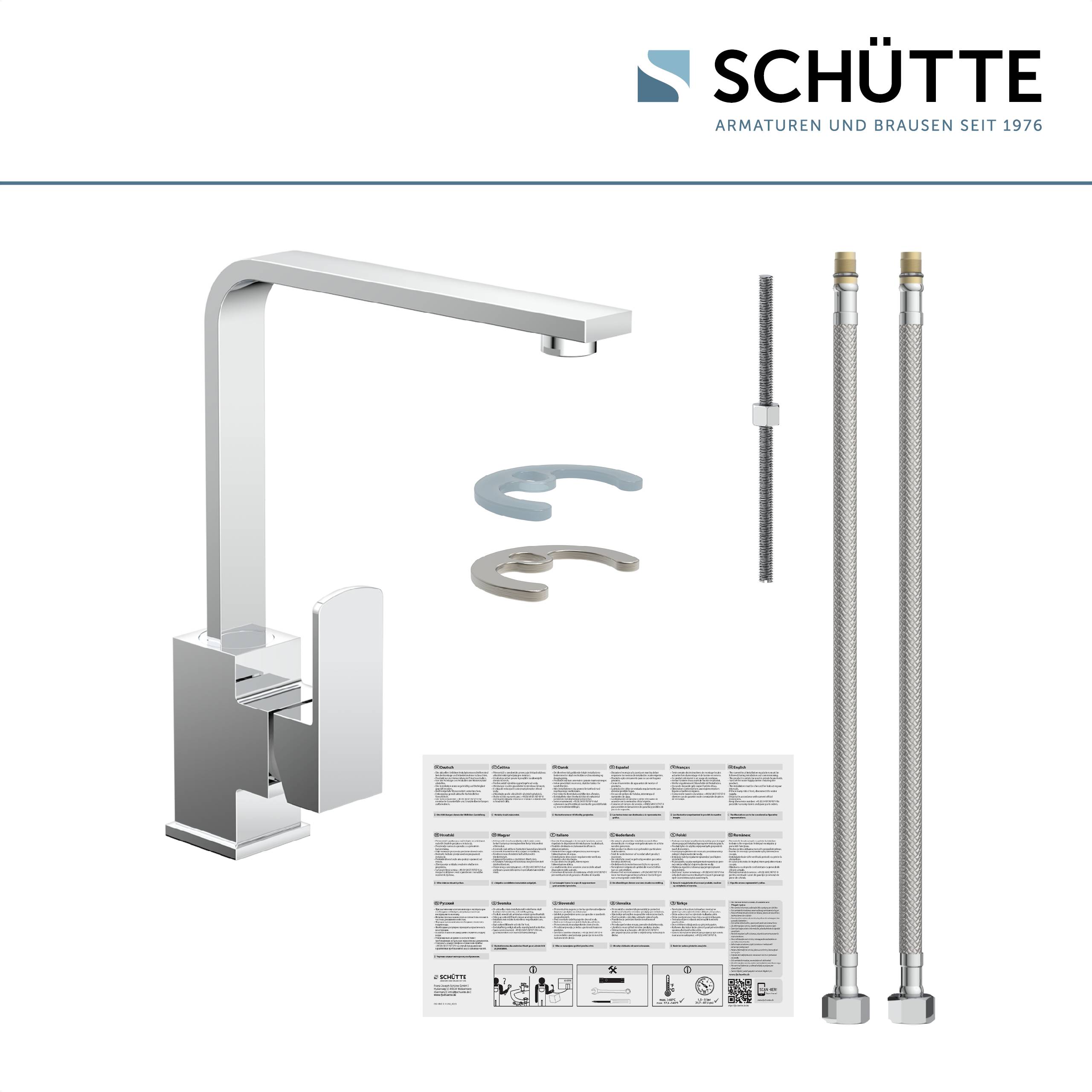 Ein Küchenarmaturenset von Schütte beinhaltet eine moderne Armatur, zwei flexible Schläuche und eine Installationsanleitung.