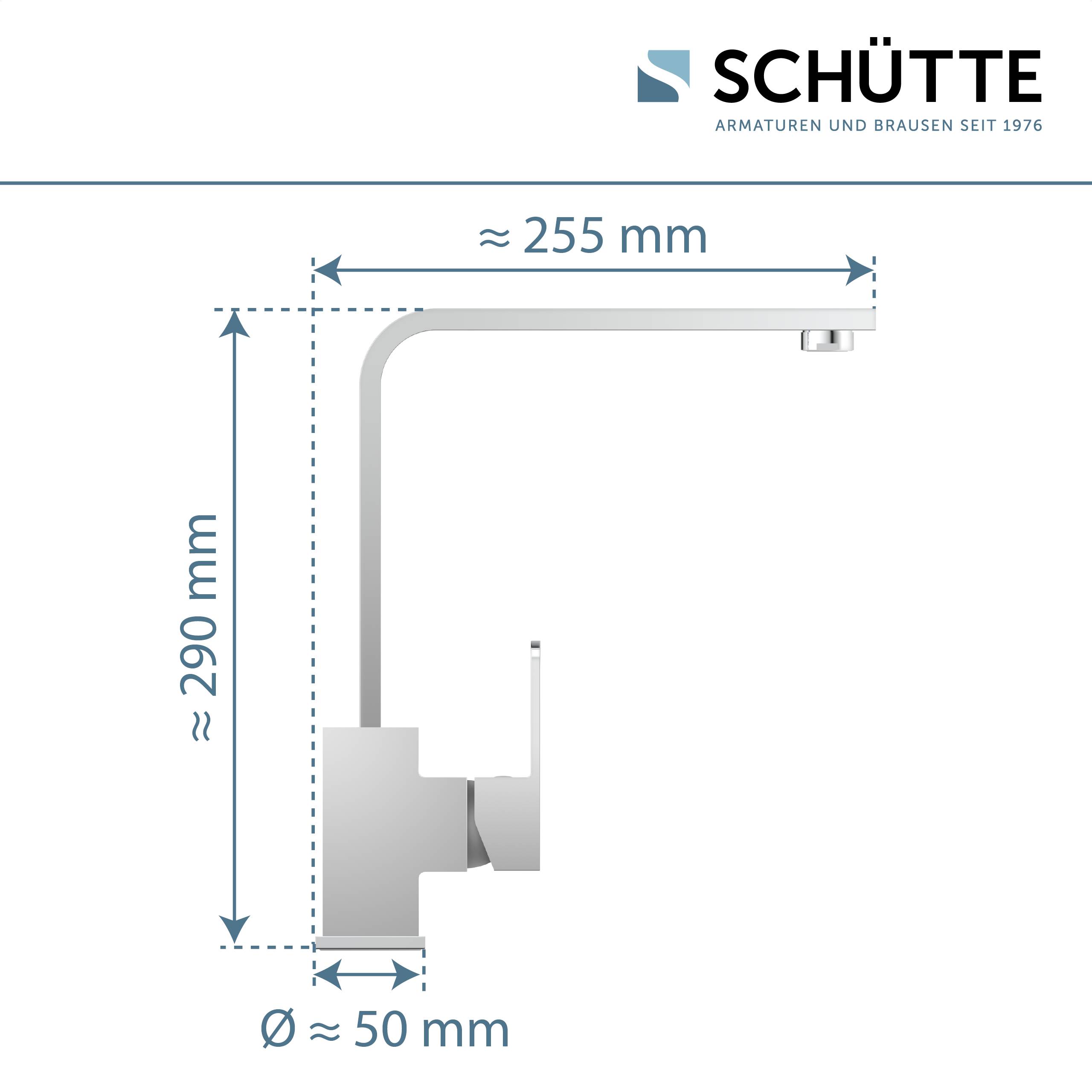 Seitenansicht-Illustration eines Schütte-Wasserhahns mit Abmessungen: Höhe etwa 290 mm, Auslaufreichweite etwa 255 mm, und Basisdurchmesser etwa 50 mm.