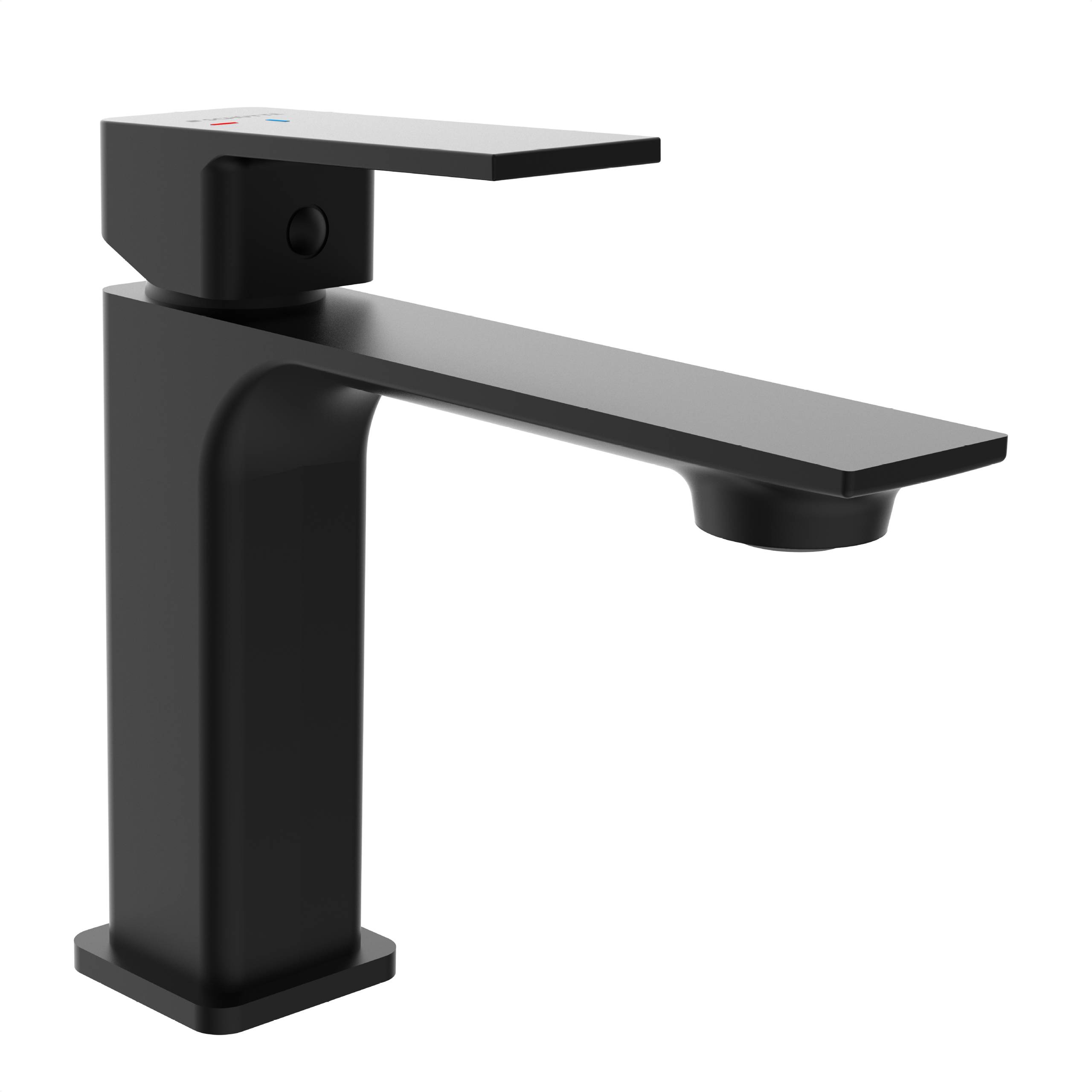 Ein eleganter schwarzer Badezimmerhahn mit modernem, minimalistische Design und quadratischen Kanten, mit einem einzigen Hebel zur Kontrolle von heißem und kaltem Wasser.