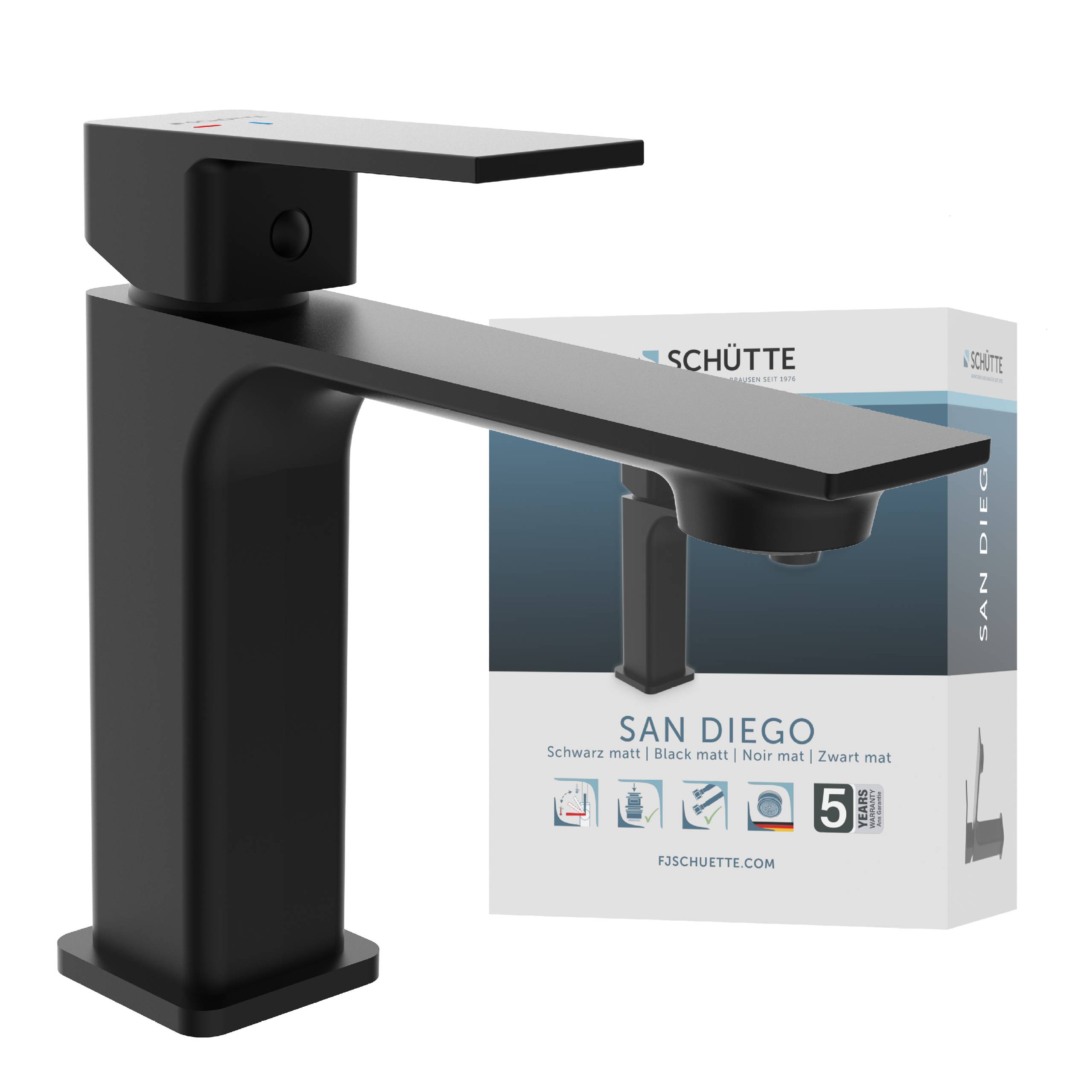 Schwarzer matter Wasserhahn mit rechteckigem Design neben einer Verpackungsbox, auf der das Modell 