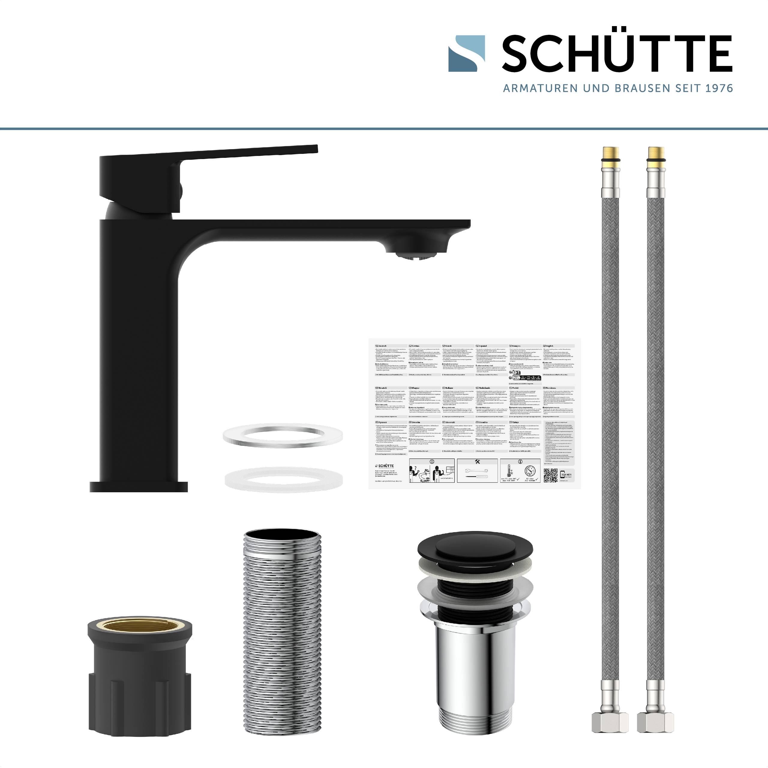 Schwarze Armaturenset einschließlich Armatur, Schläuche, Verbindungsstücke und Bedienungsanleitung. Die Marke 