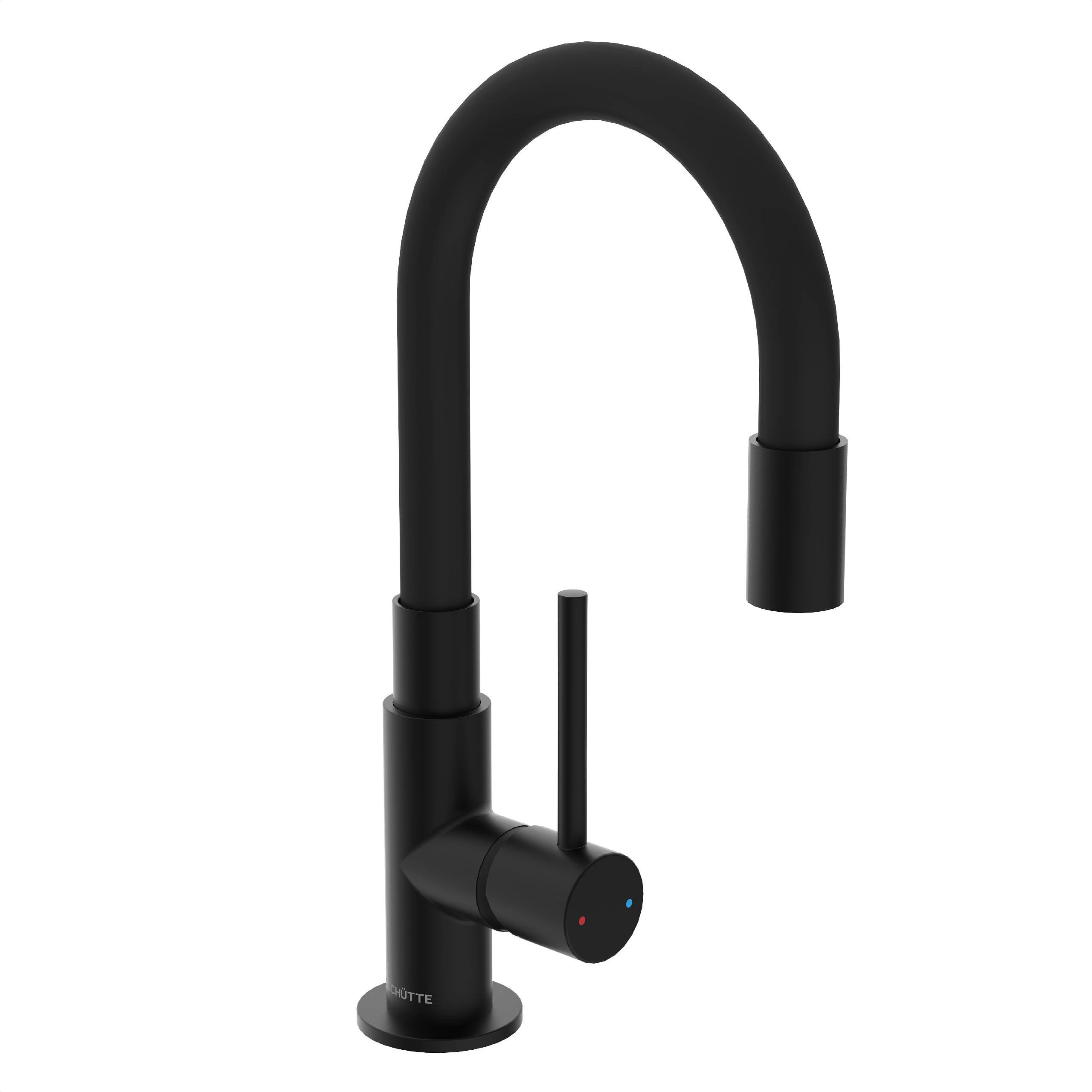 Ein schlanker, matter schwarzer Küchenarmatur mit einem Einhebel-Griff und einer hoch geschwungenen Auslauffform, geeignet für modernes Küchendesign.