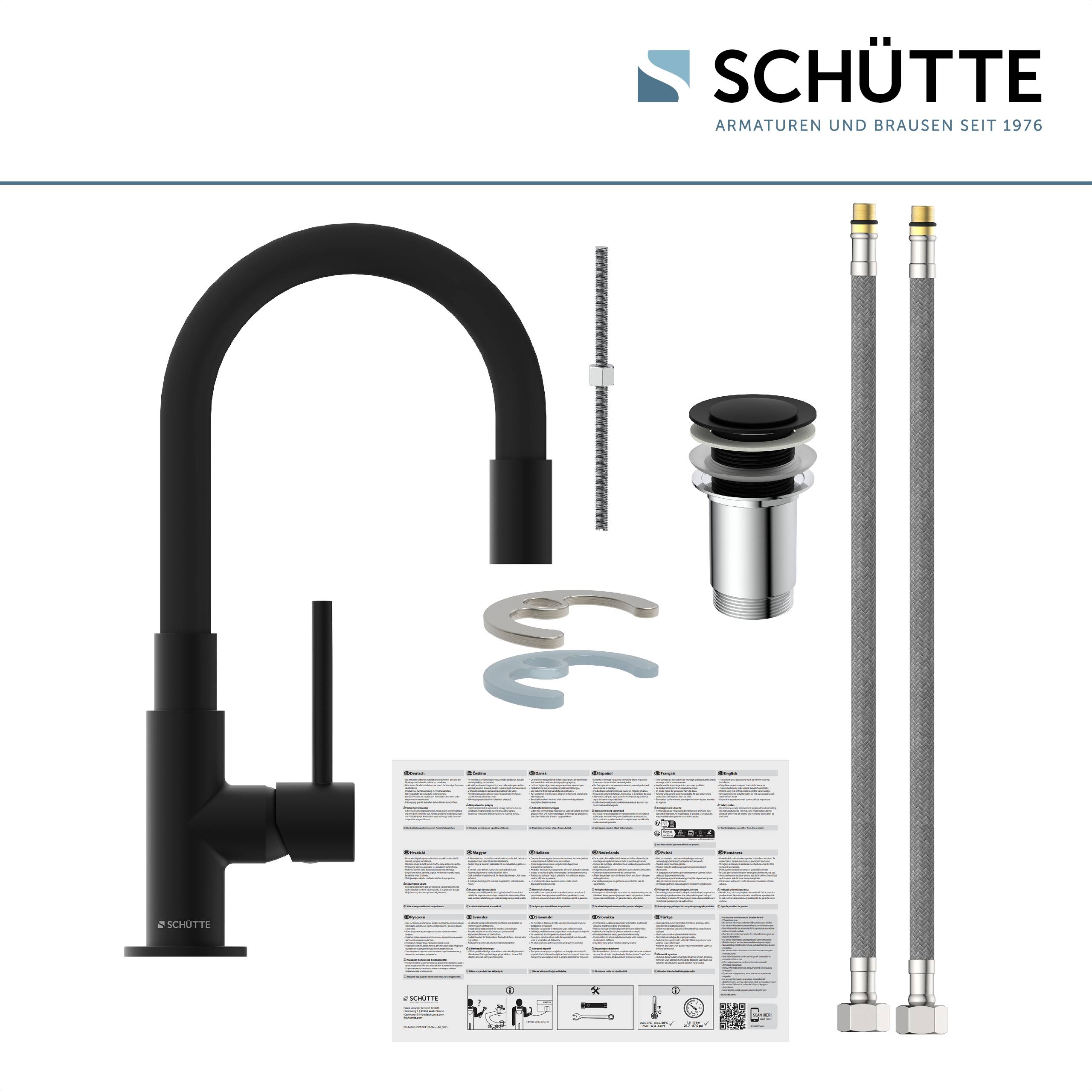 Ein schwarzes Küchenarmaturenset von Schütte, bestehend aus einer Auslaufgarnitur, einem Griff, zwei Schläuchen, einem Ablaufstopfen und einer Installationsanleitung.