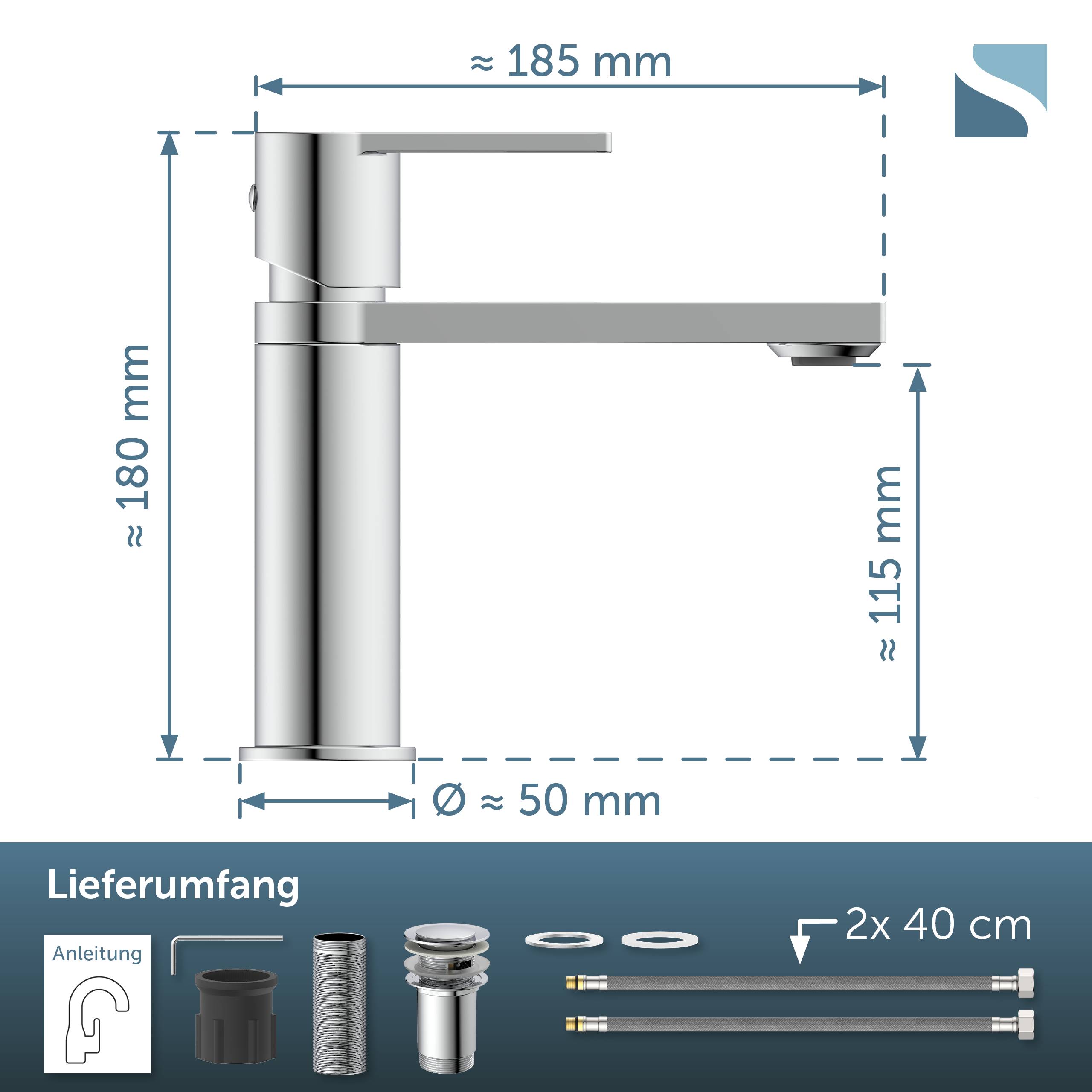 Technisches Diagramm eines Chromwasserhahns mit Abmessungen: etwa 185 mm breit, 180 mm hoch, 115 mm Auslaufhöhe und 50 mm Basisdurchmesser; enthält unten aufgelistete Lieferinhalte.