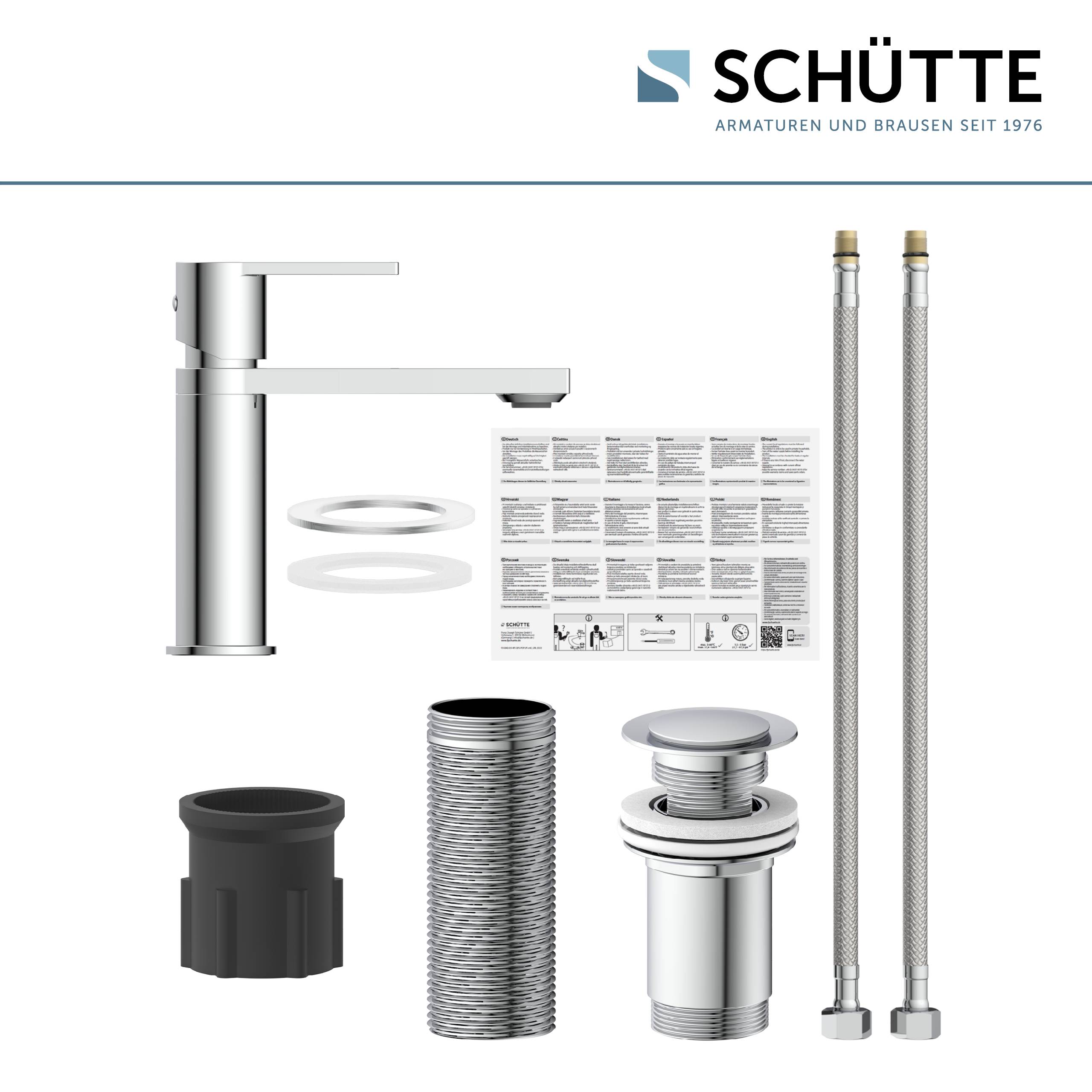 Komponenten eines Schütte-Armaturensets, bestehend aus einer Armatur, Schläuchen, Installationsanweisungen, Unterlegscheiben und Verbindungsstücken, dargestellt auf weißem Hintergrund.