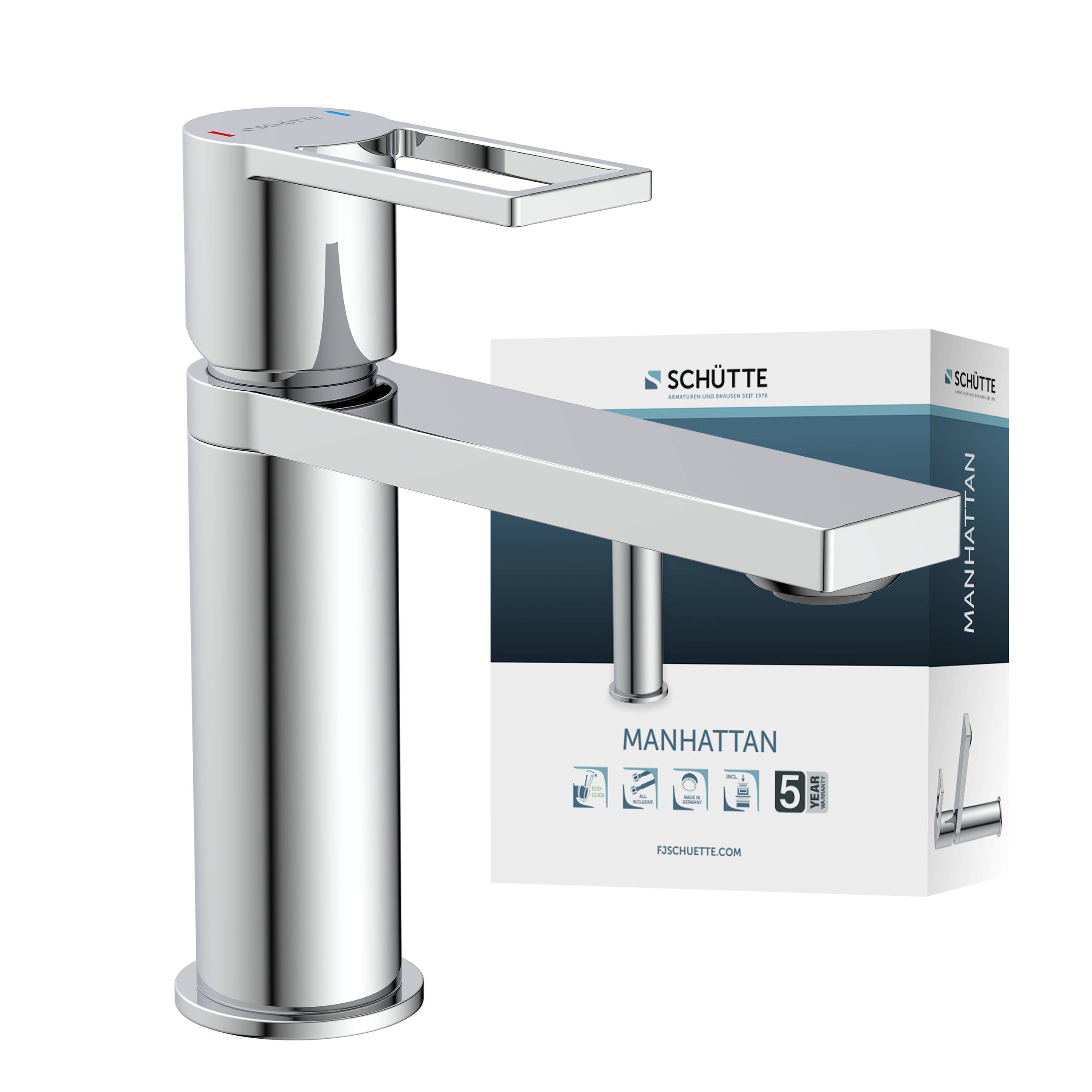 Ein eleganter, moderner Badezimmerhahn aus Chrom mit einem einzelnen Hebel, neben seiner Verpackung, auf der „Schütte Manhattan