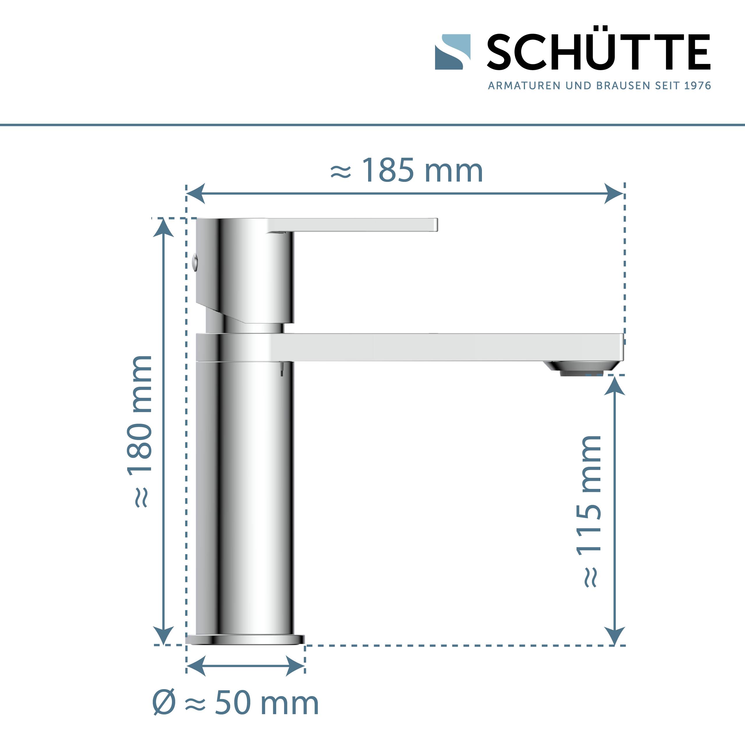 Ein Diagramm eines Schütte-Wasserhahns mit Abmessungen: 180 mm Höhe, 185 mm Auslauflänge, 115 mm Auslauffhöhe und 50 mm Basisdurchmesser.