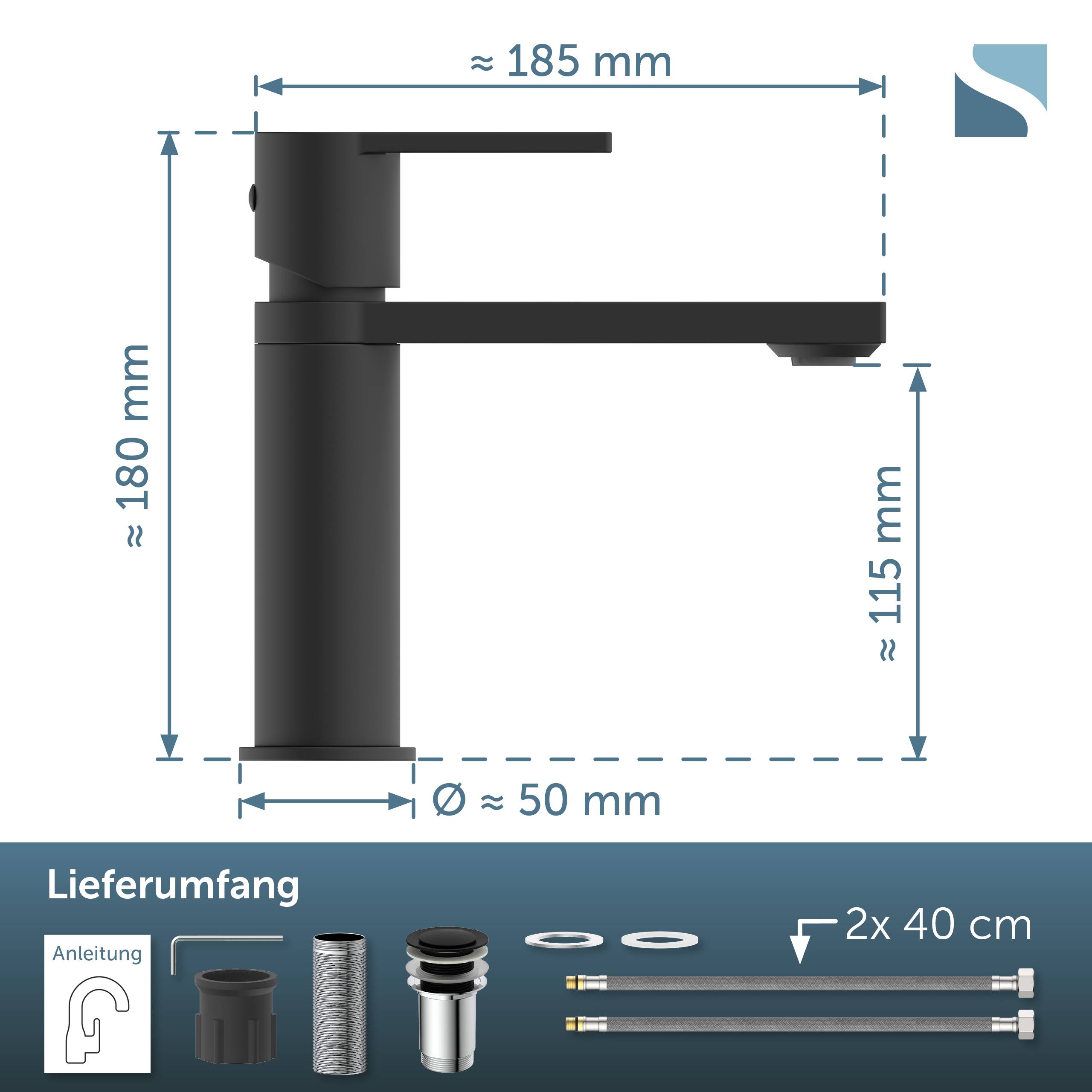 Produktdiagramm eines schwarzen Wasserhahns mit ungefähren Abmessungen: 185 mm breit, 180 mm hoch, 115 mm Auslaufhöhe, 50 mm Basisdurchmesser, zuzüglich enthaltener Teile und zwei 40 cm lange Schläuche.