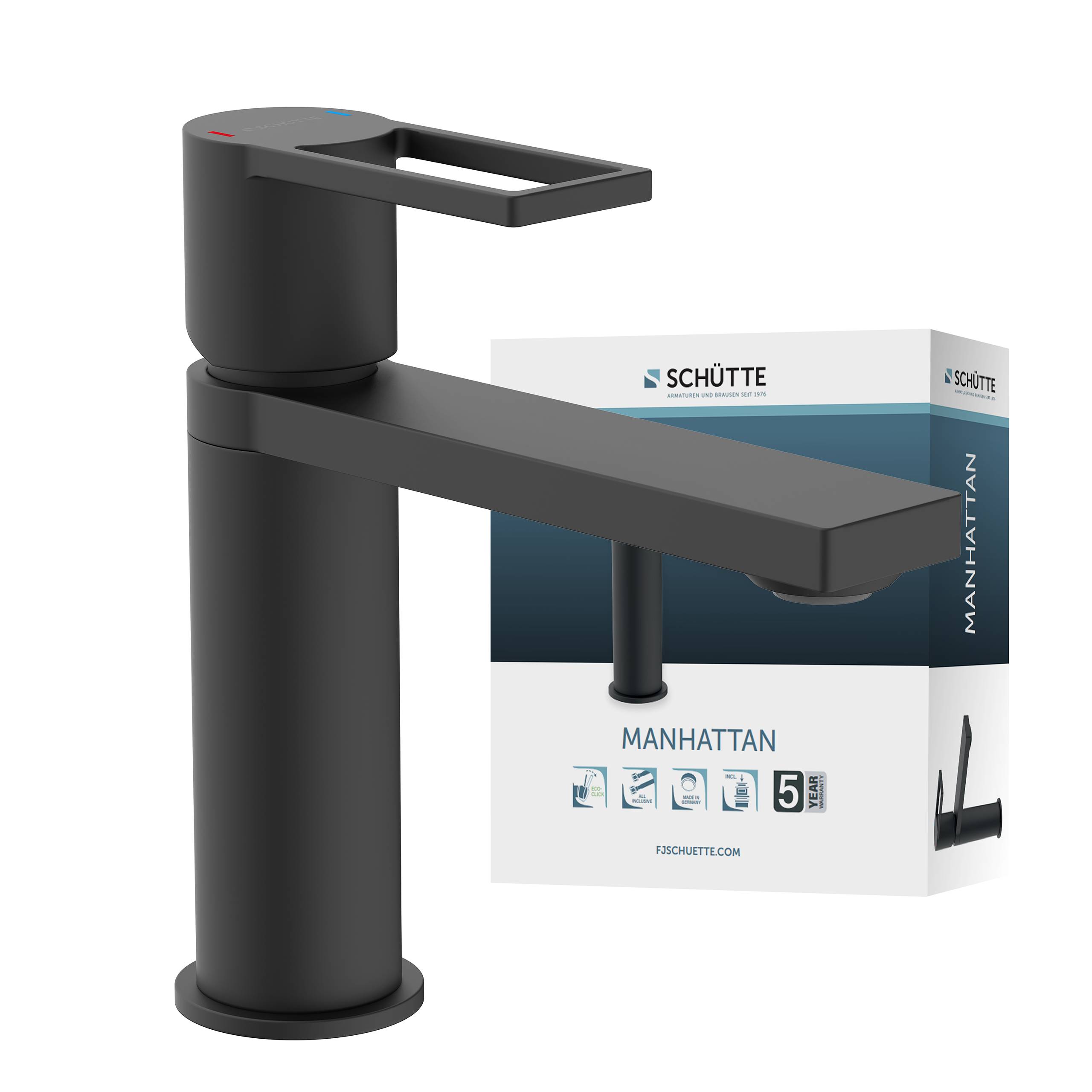 Ein schlanker, matter schwarzer Badezimmerhahn mit rechteckigem Hebeldesign, gezeigt neben seiner Verpackung mit der Bezeichnung 