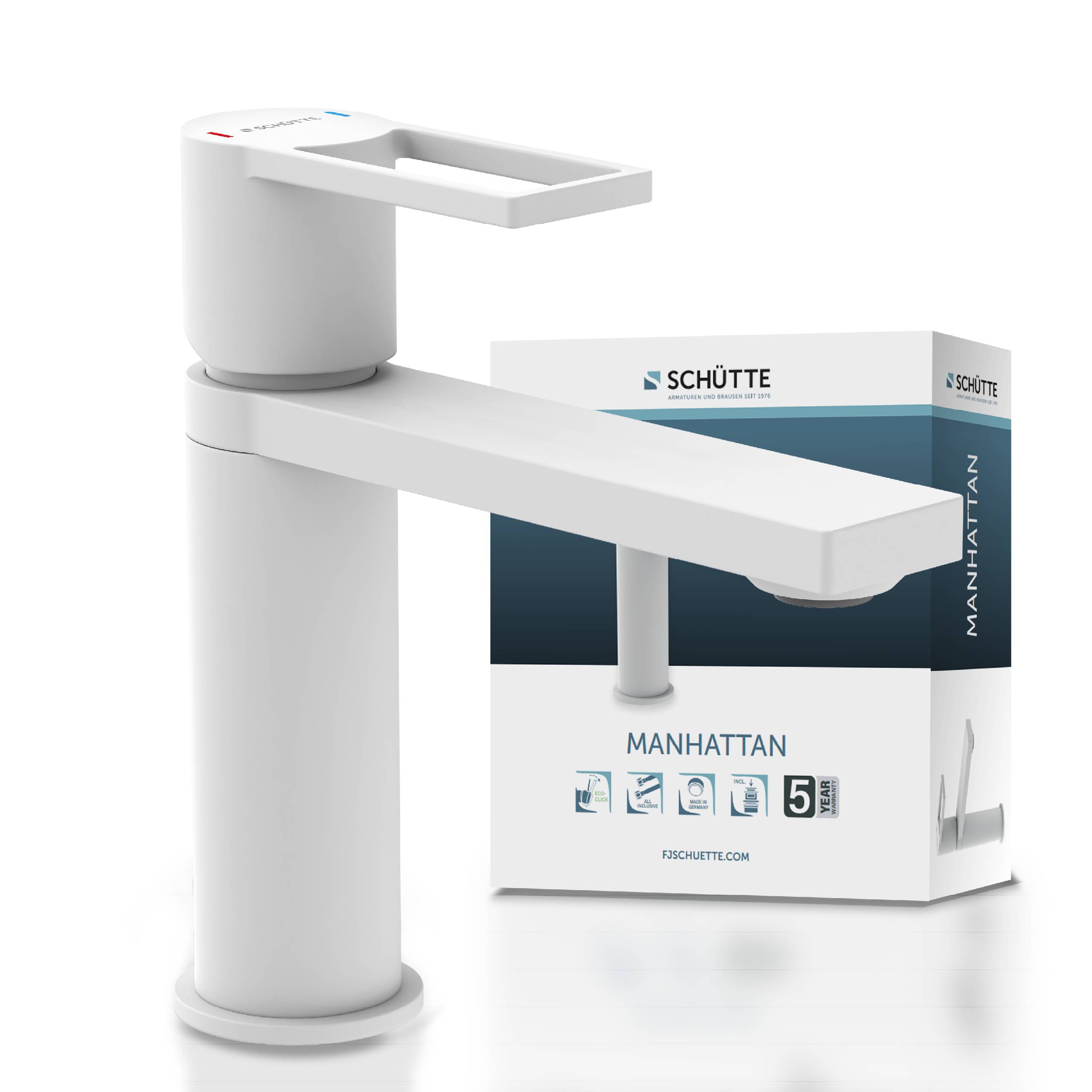 White Schütte Manhattan Badezimmerhahn, gezeigt vor seiner Produktbox, mit eineinhebeligem modernem Design und hohem zylindrischem Körper.