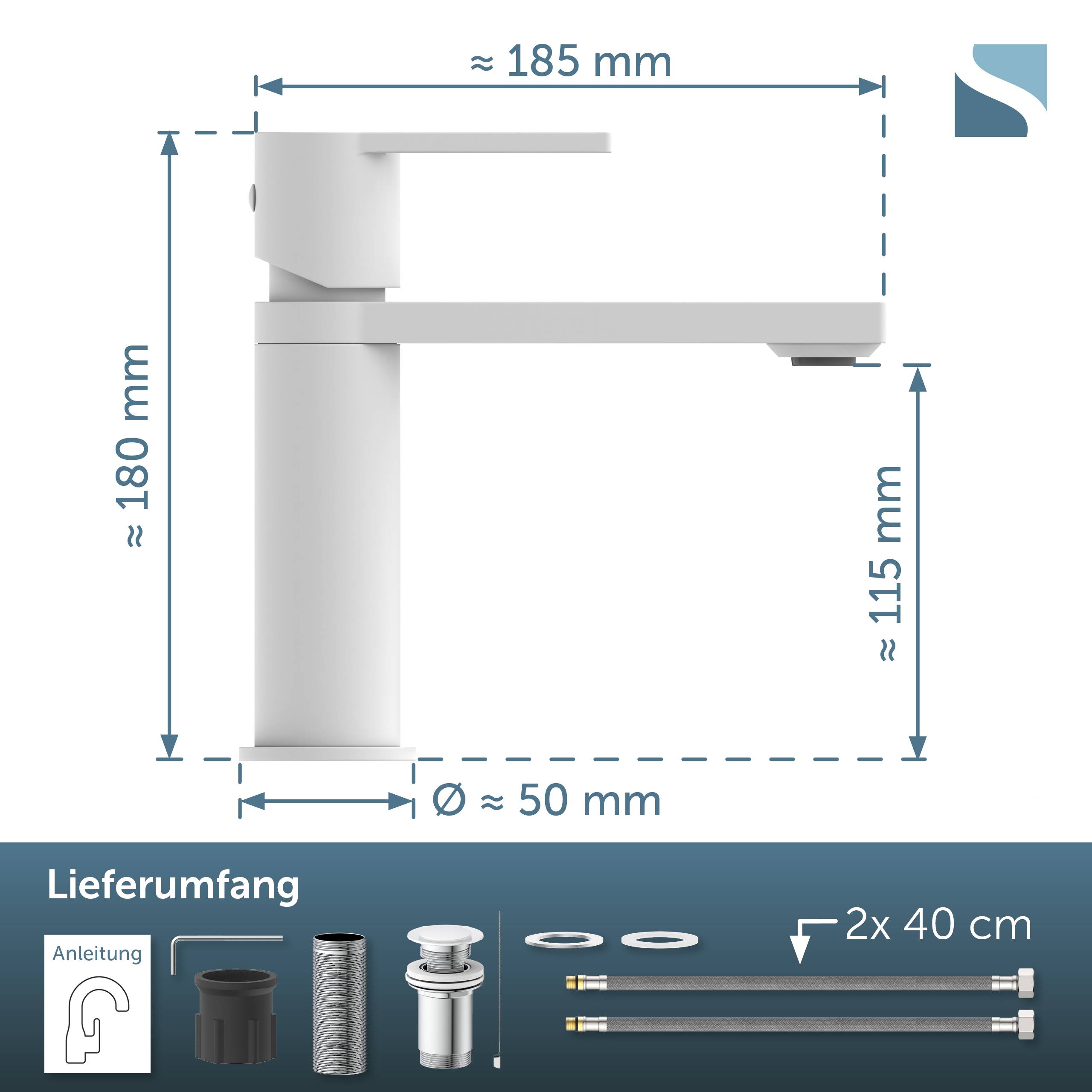 Diagramm eines Wasserhahns mit ungefähren Abmessungen: 185 mm breit, 180 mm hoch, 115 mm Auslaufhöhe, 50 mm Basisdurchmesser, mit enthaltenen Installationsteilen und zwei 40 cm Schläuchen.