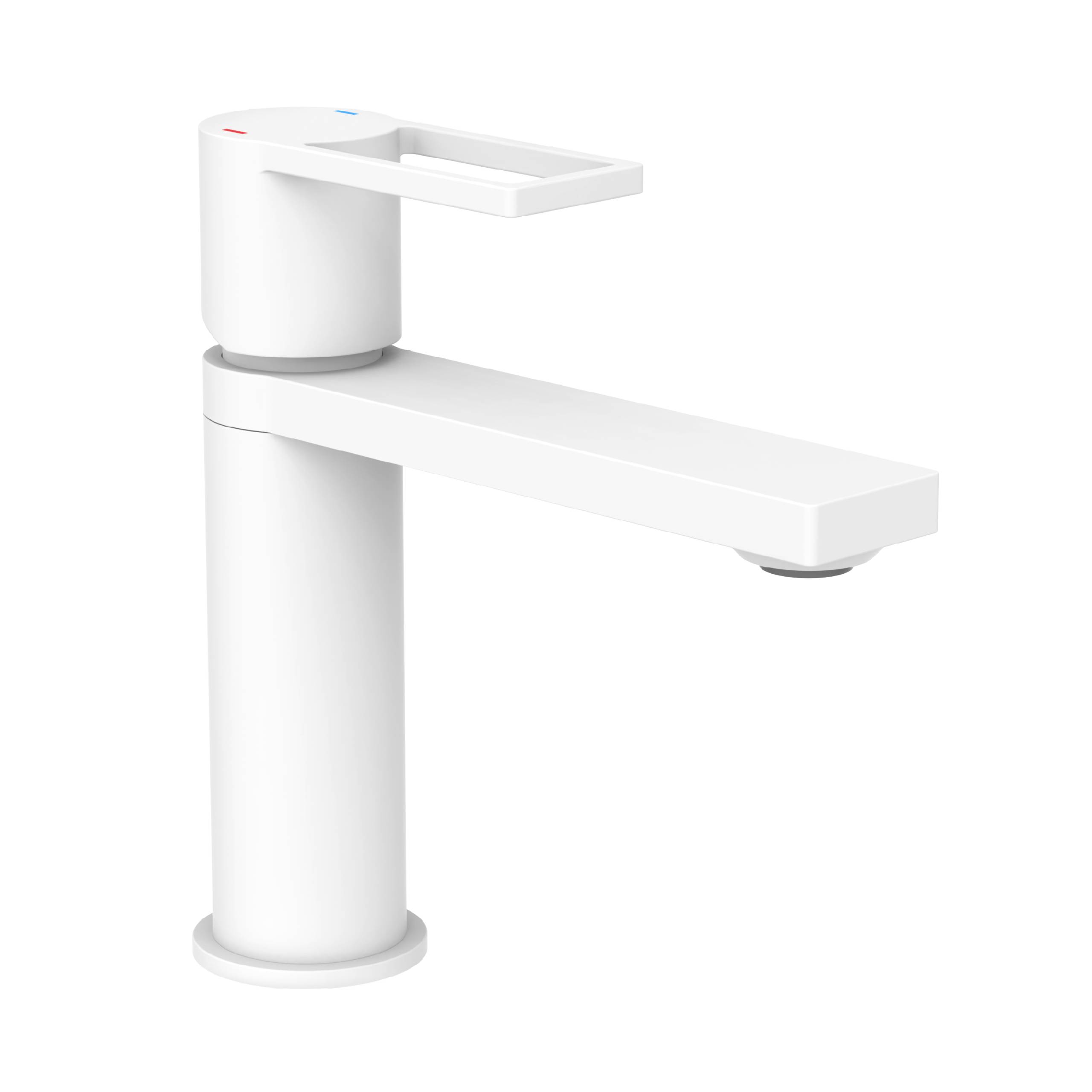 Ein moderner, minimalistischer weißer Badezimmerwasserhahn mit zylindrischer Basis und Hebel-Griff, entworfen für ein elegantes, zeitgenössisches Aussehen.