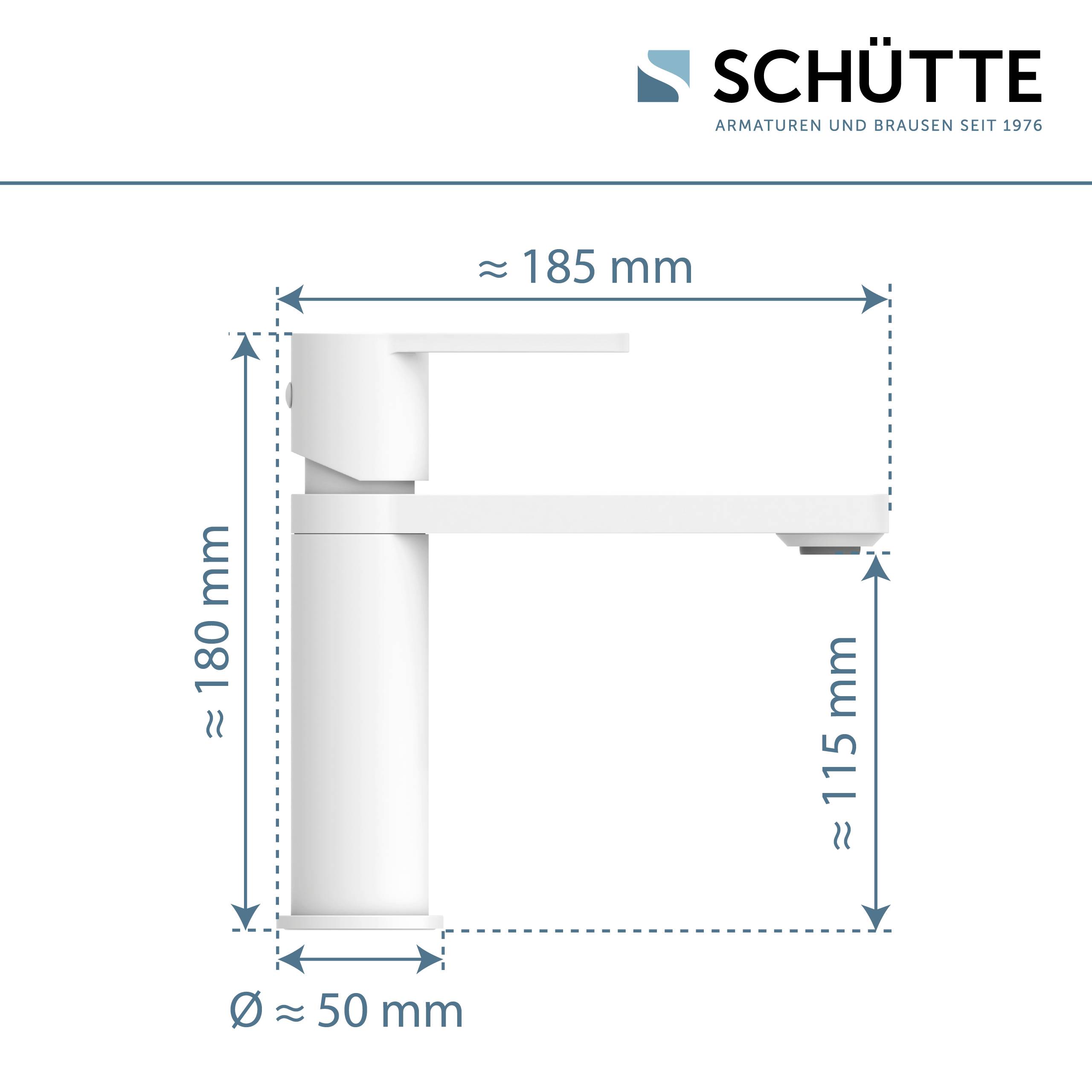 Diagramm eines Wasserhahns mit Abmessungen: Höhe 180 mm, Auslaufweite 185 mm, Durchmesser 50 mm, Auslaufhöhe 115 mm.