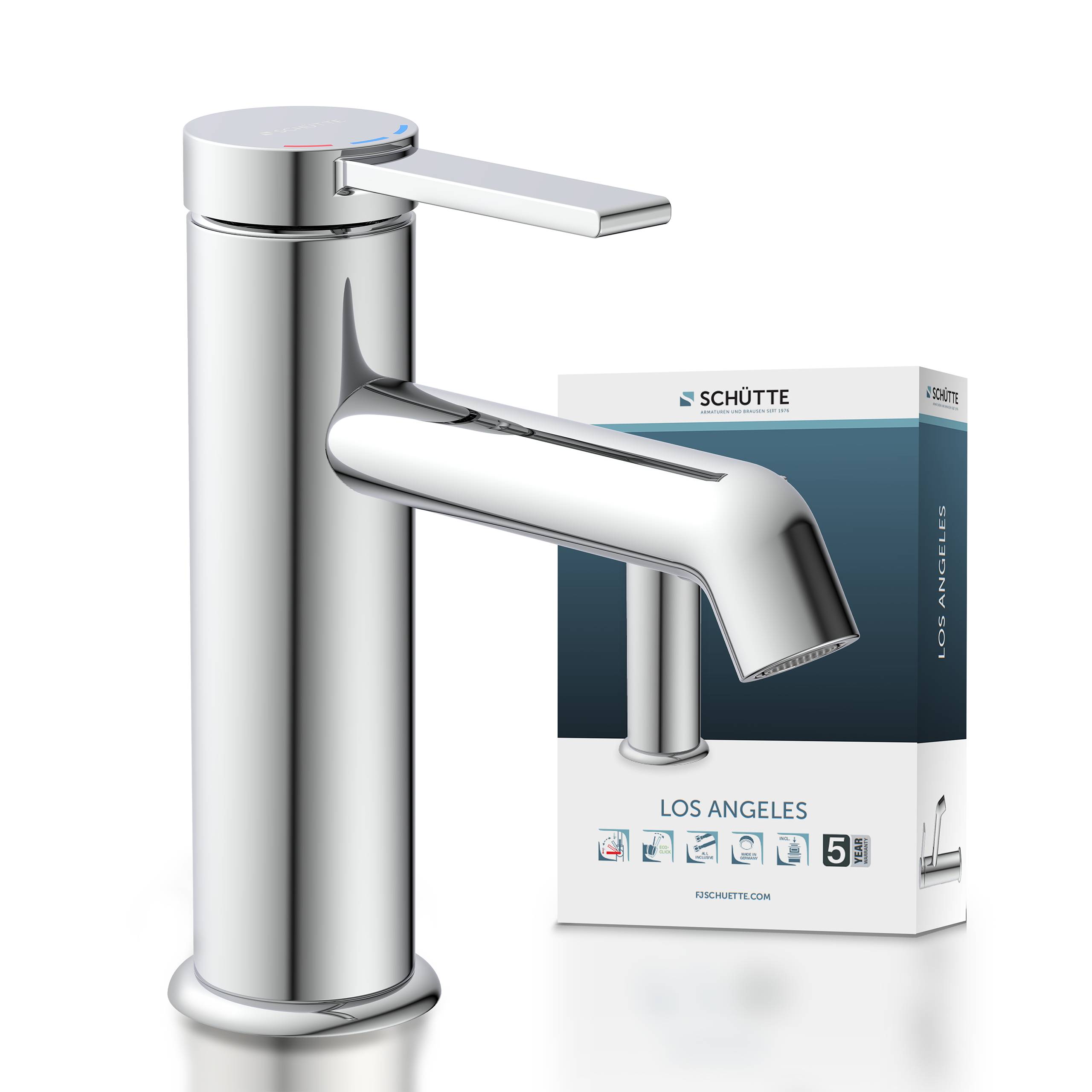 Ein eleganter, moderner Chromwasserhahn mit Hebelbedienung, dargestellt neben seiner Verpackungsbox mit der Aufschrift „Schütte Los Angeles