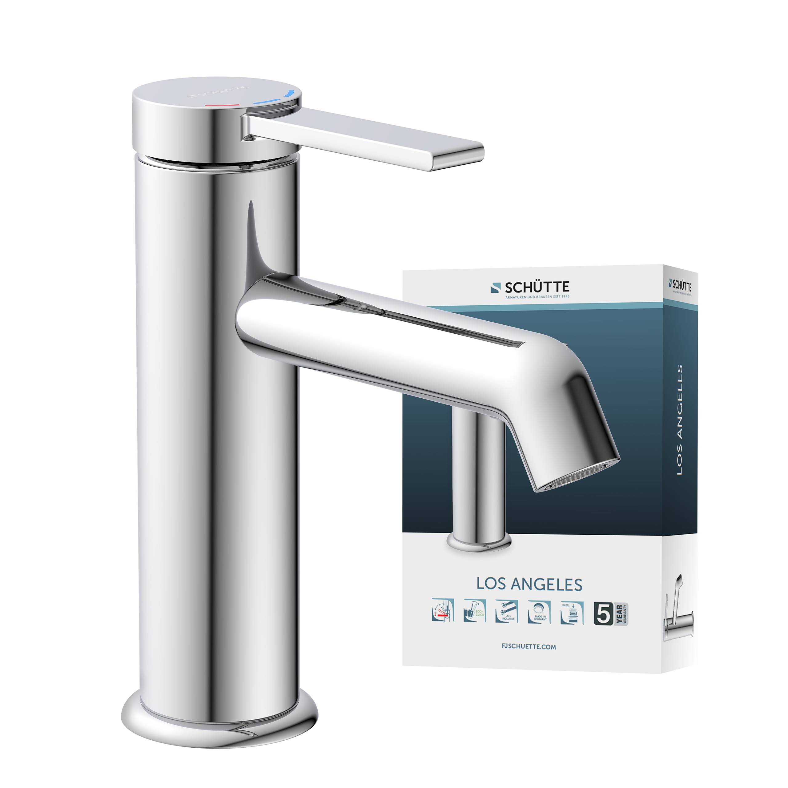 Ein moderner Chromwasserhahn mit schlankem Design wird vor seiner Verpackung präsentiert, gekennzeichnet mit 