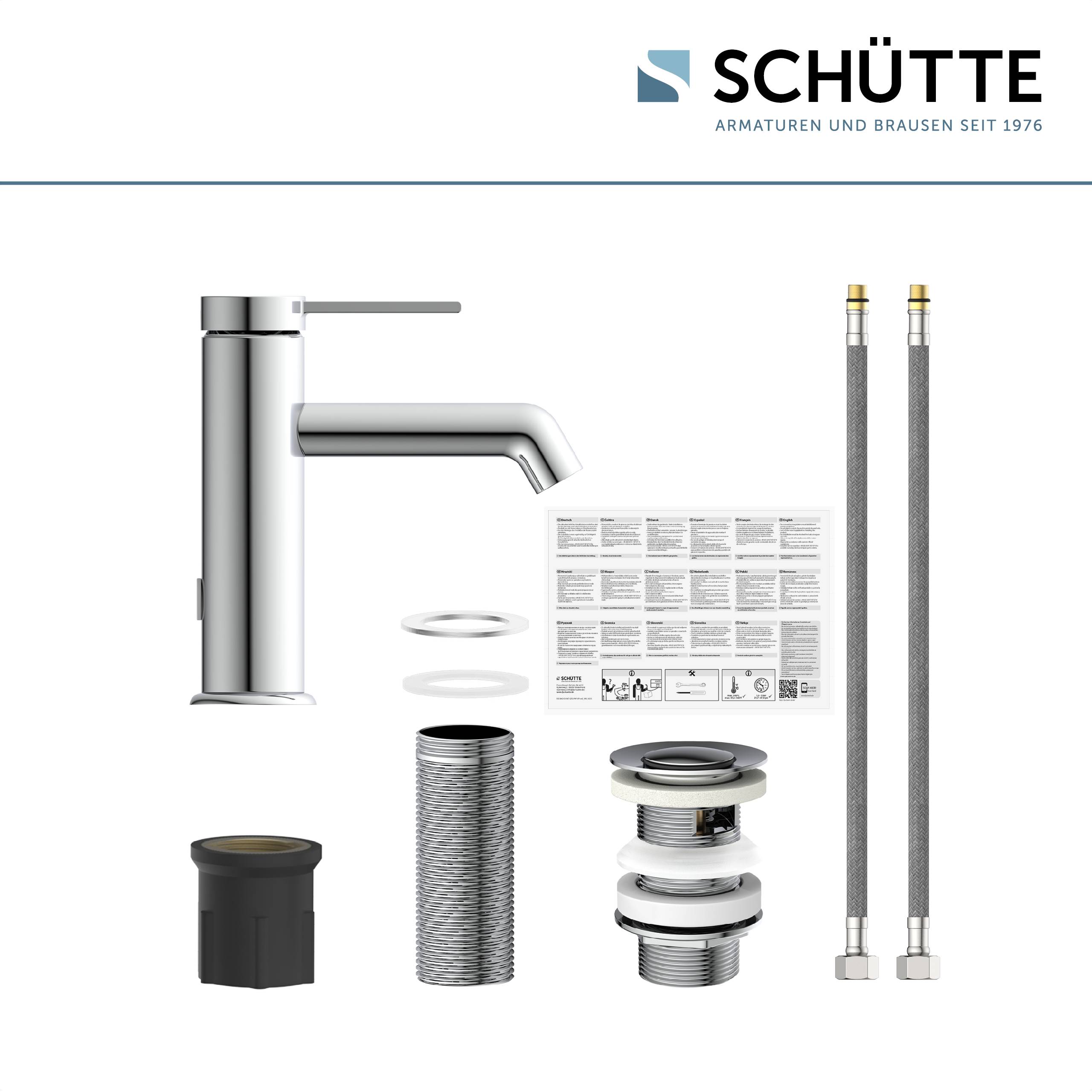 Die Komponenten eines Armaturensets von Schütte werden angezeigt, einschließlich der Armatur, der Schläuche, der Befestigungsteile und der Installationsanleitung.