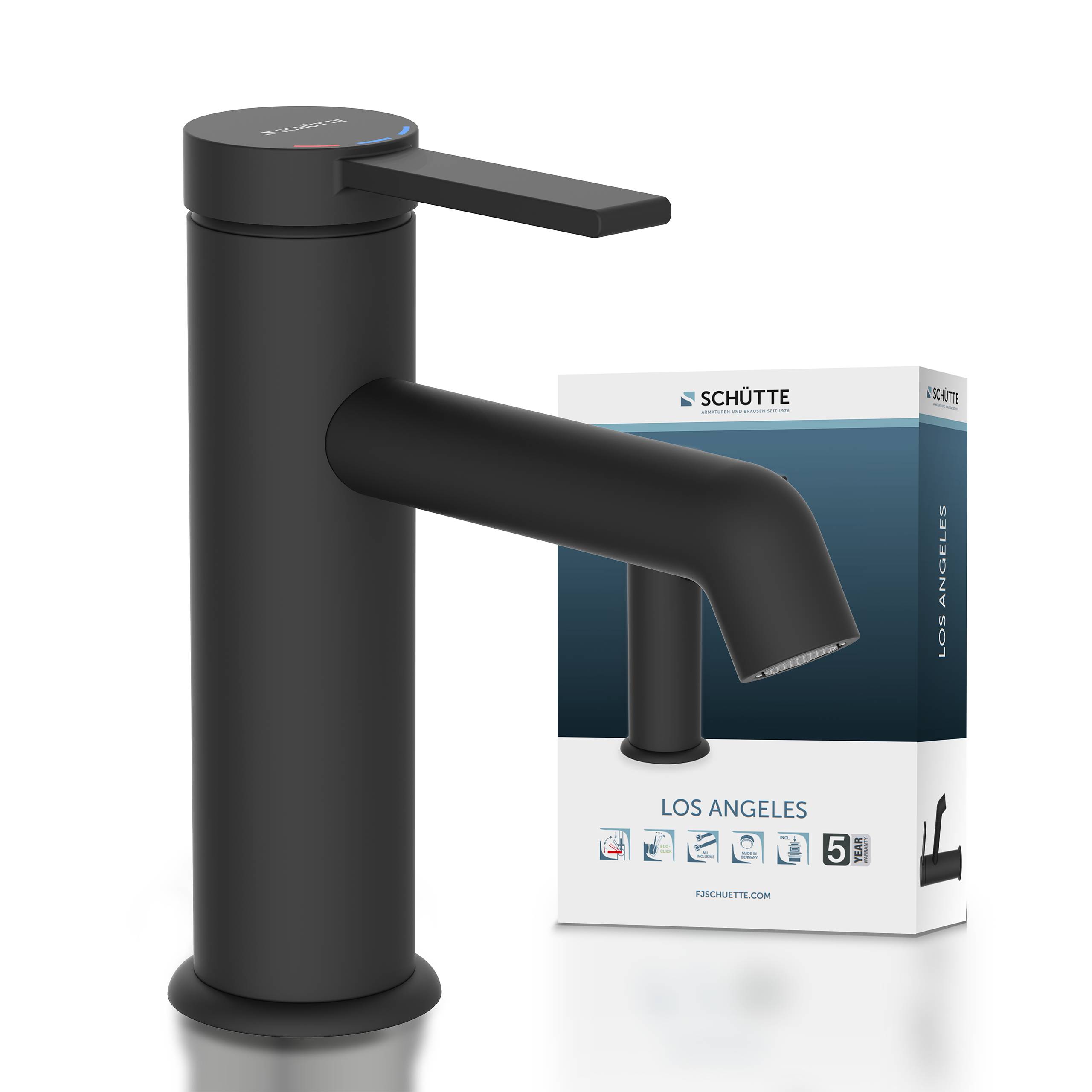 Ein schwarzer, moderner Wasserhahn mit einem eleganten, zylindrischen Design wird neben seiner Verpackungsbox mit der Aufschrift 