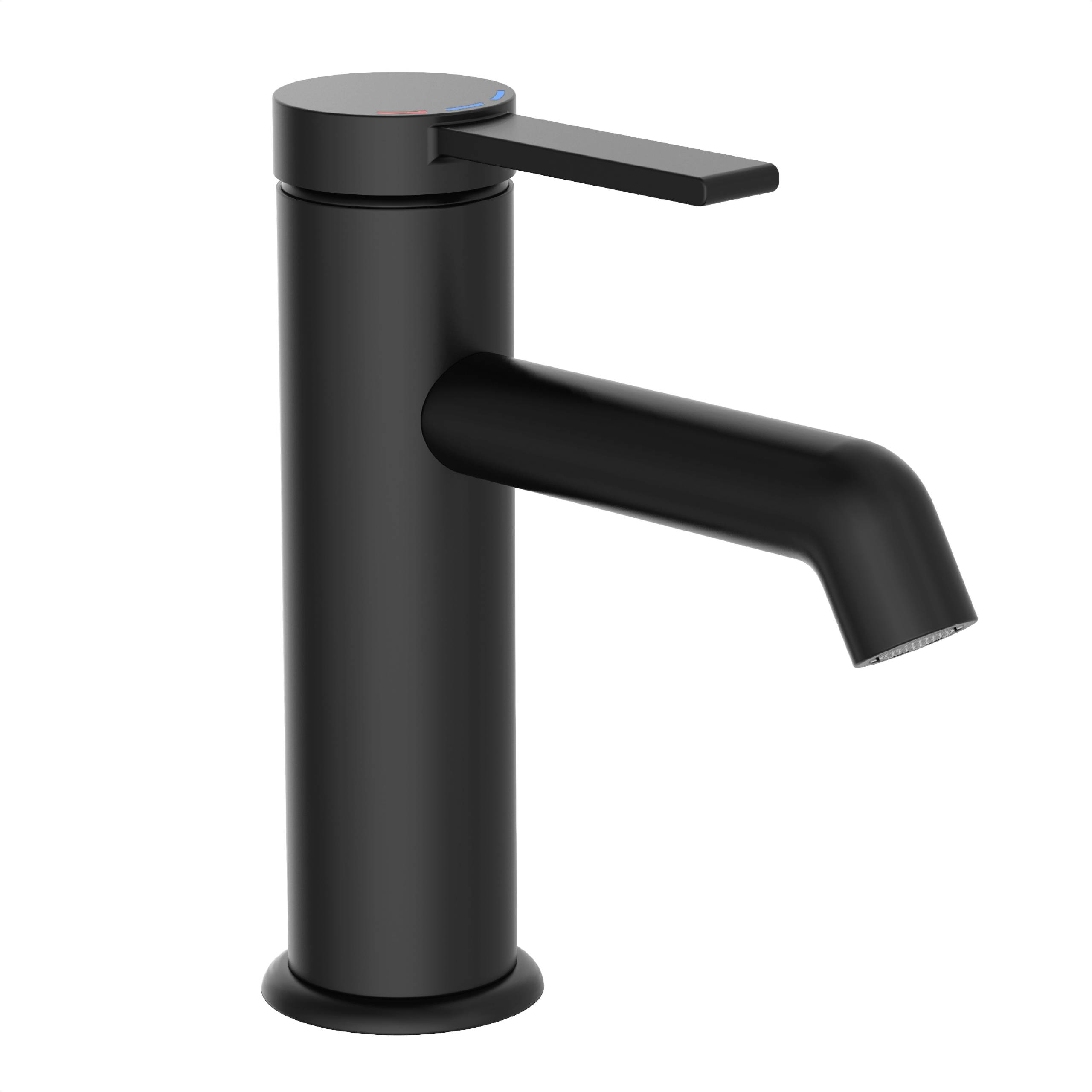 Ein schlanker, matter schwarzer zylindrischer Wasserhahn mit einem einstufigen Hebel, entworfen für moderne Badezimmer- oder Küchenbecken.