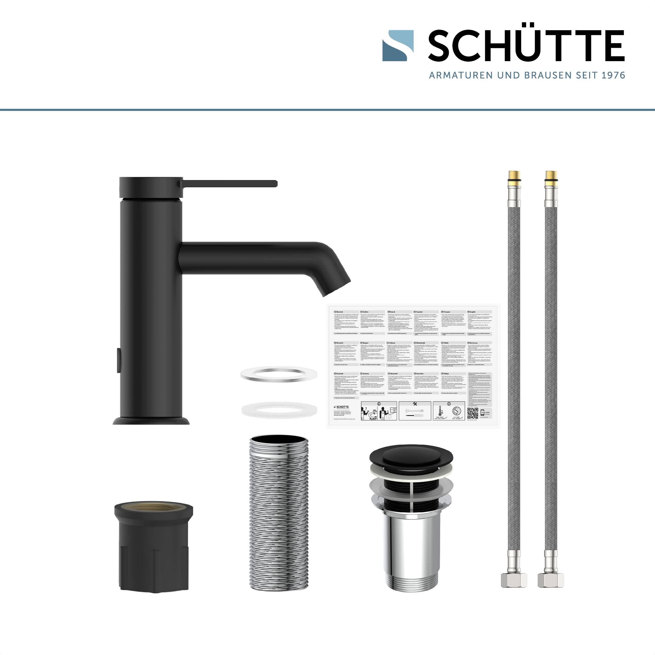 Ein schwarzes Schütte-Armaturenset mit Installationskomponenten, einschließlich Schläuchen, Adaptern, Dichtmitteln und einer Bedienungsanleitung.