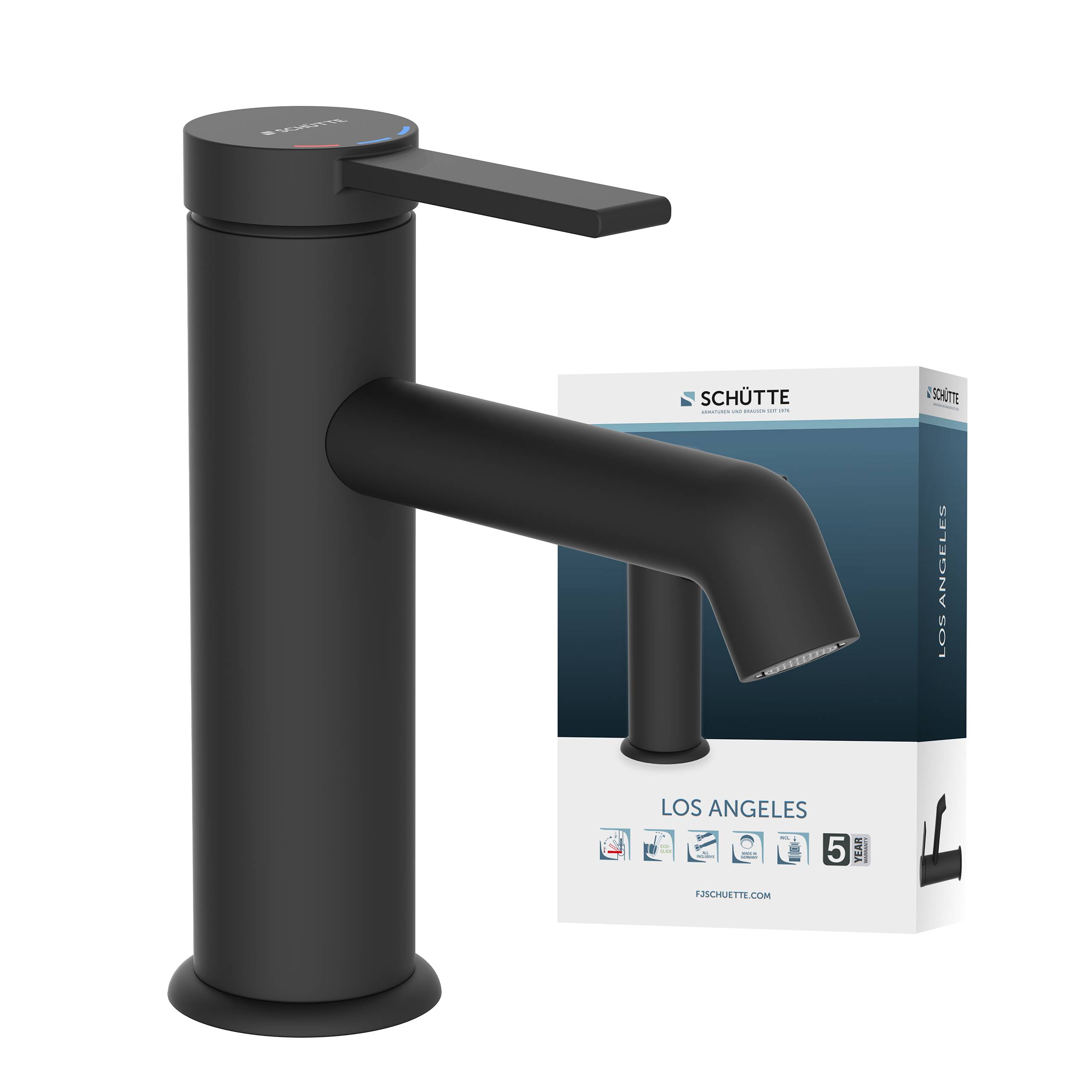 Ein schlanker, moderner schwarzer Wasserhahn mit zylindrischer Basis und horizontalem Hebel. Die Verpackung im Hintergrund zeigt die Marke: SCHÜTTE.