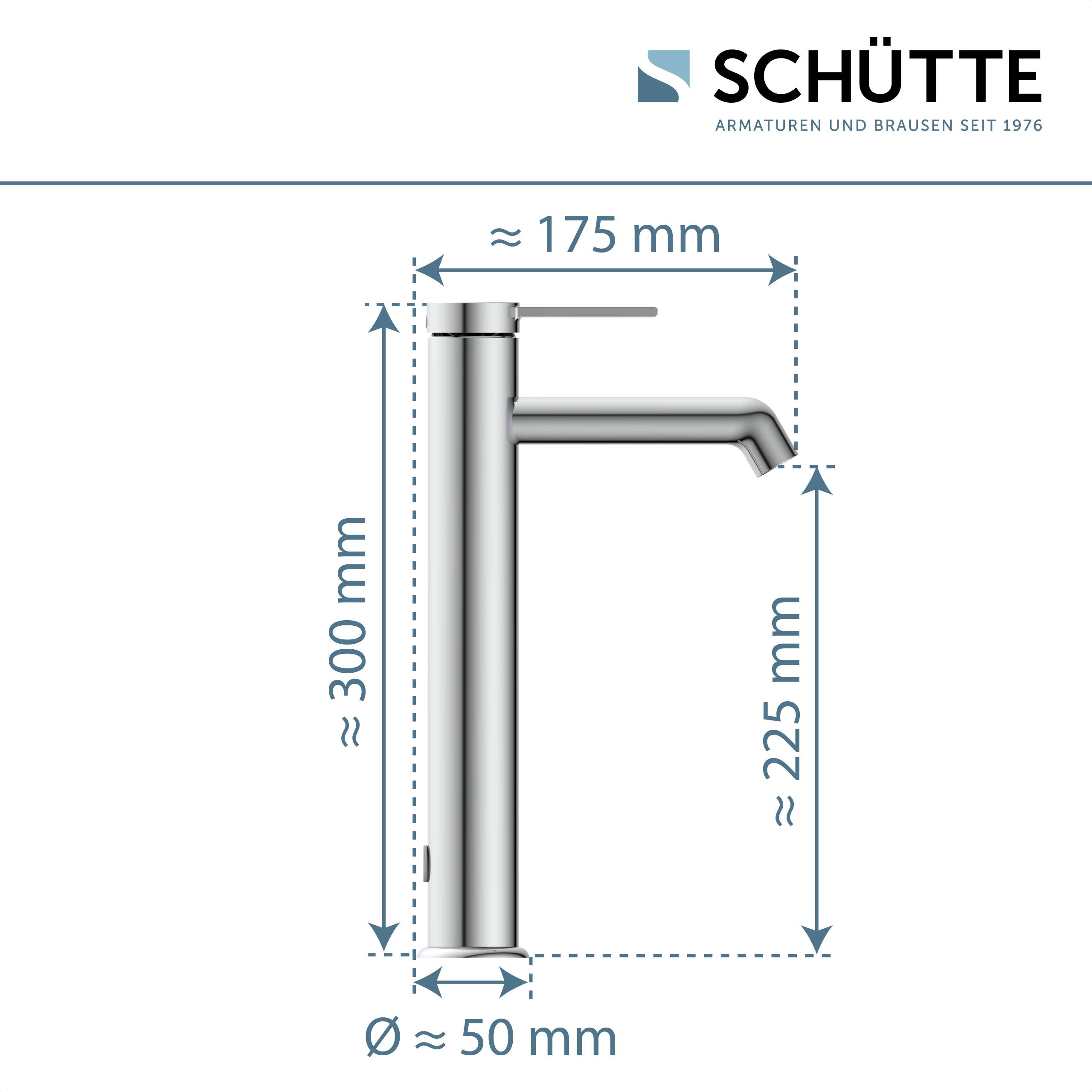 „Schütte-Armaturendiagramm mit Abmessungen: Höhe 300 mm, Auslaufhöhe 225 mm, Auslaufreichweite 175 mm und Basisdurchmesser 50 mm.