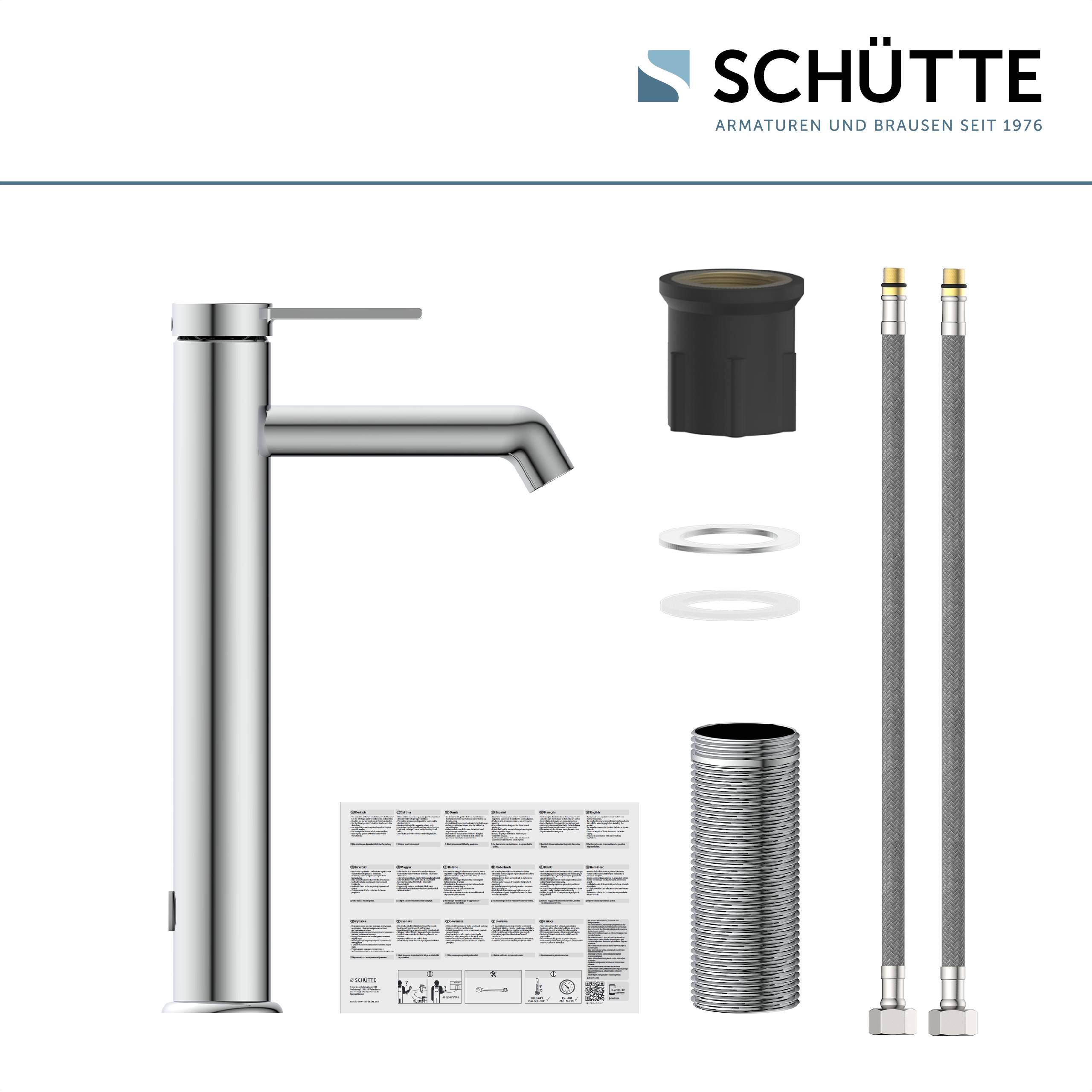 Ein Chrom-Badezimmerkran-Set, bestehend aus dem Wasserhahn, zwei Schläuchen, einem Abfluss, einem Dichtungsring, einer Installationsanleitung und Befestigungselementen.