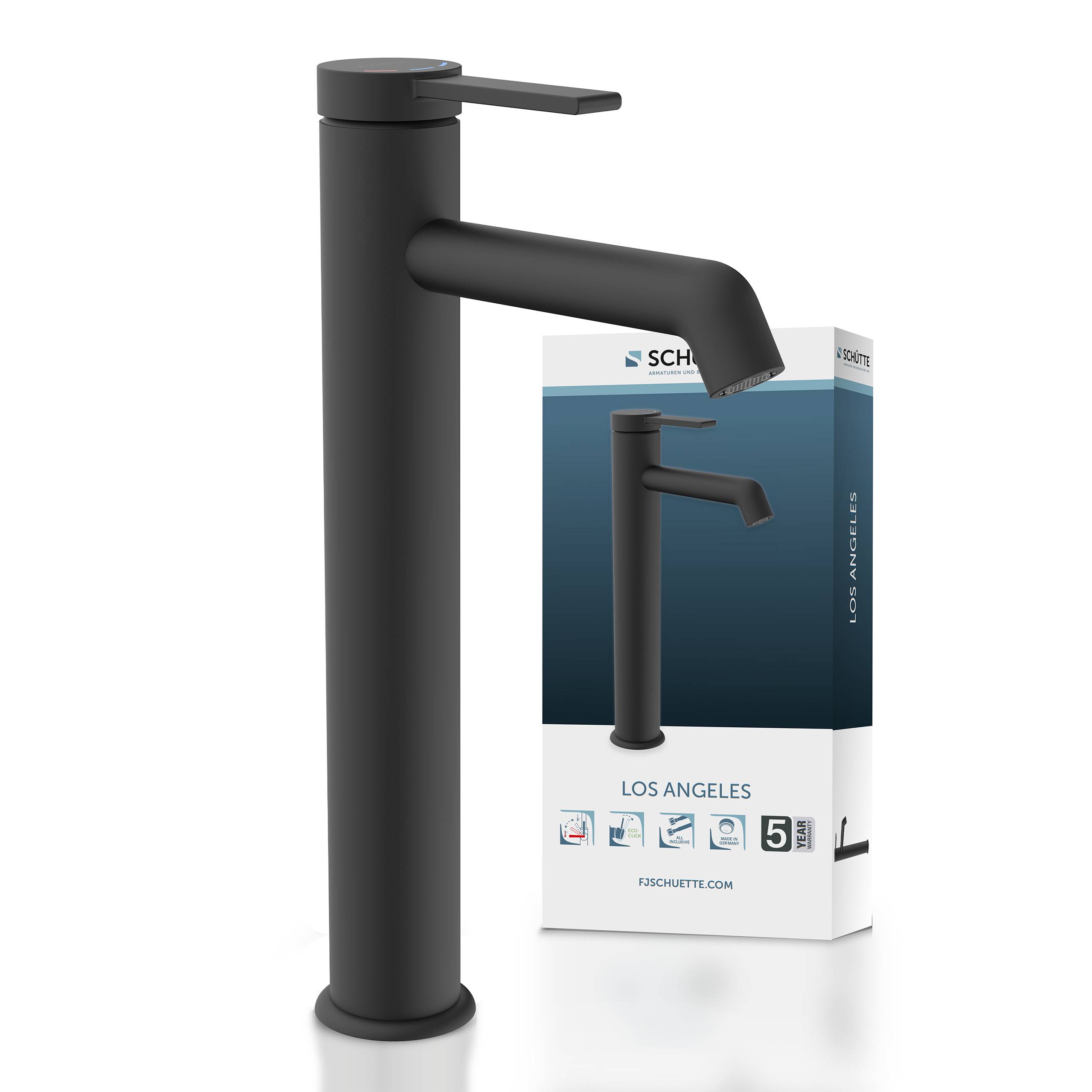 Ein hoher, matter schwarzer Küchenarmatur mit einer Box mit der Aufschrift „Los Angeles