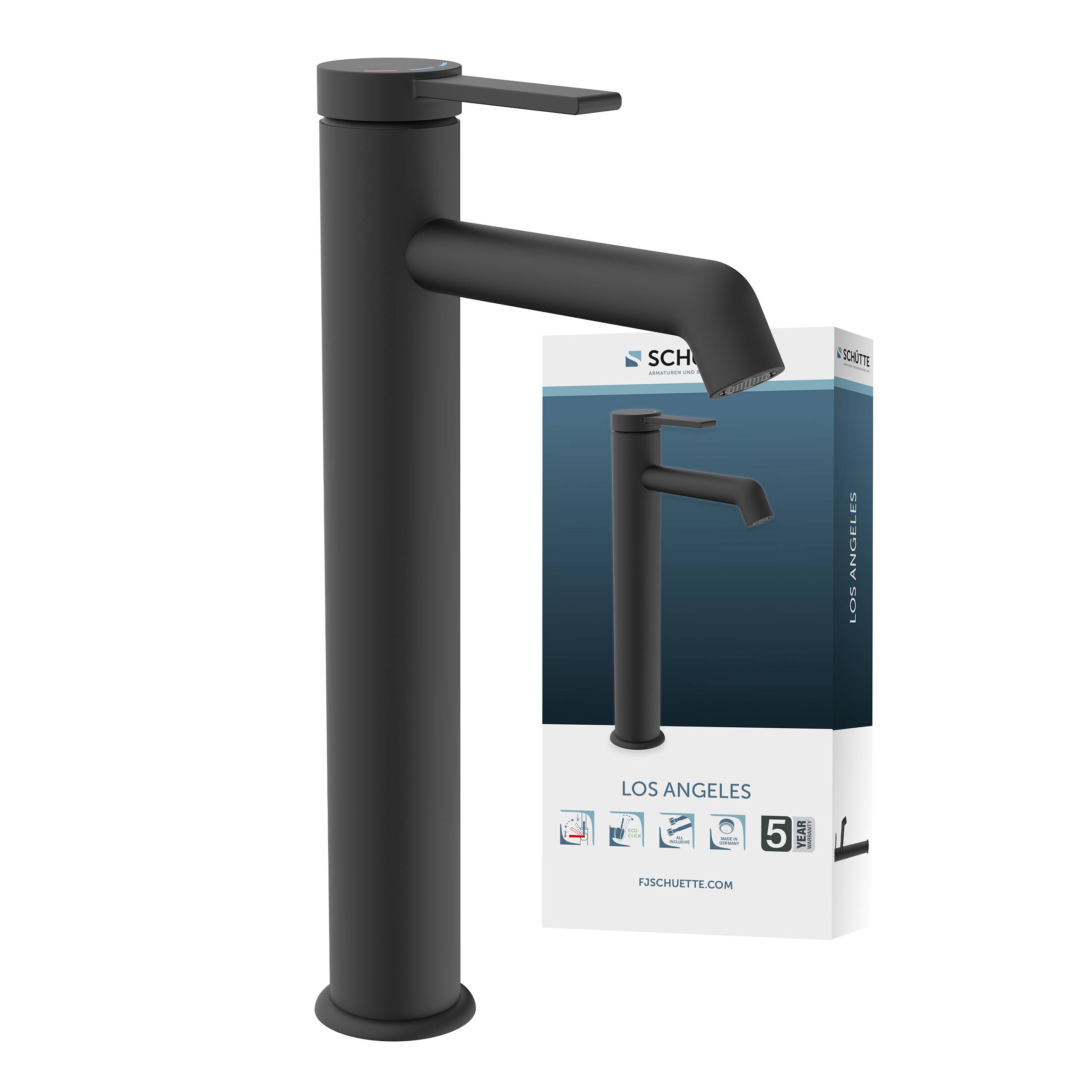 Ein hoher, matter schwarzer Wasserhahn neben seiner Schachtel mit der Aufschrift „Los Angeles