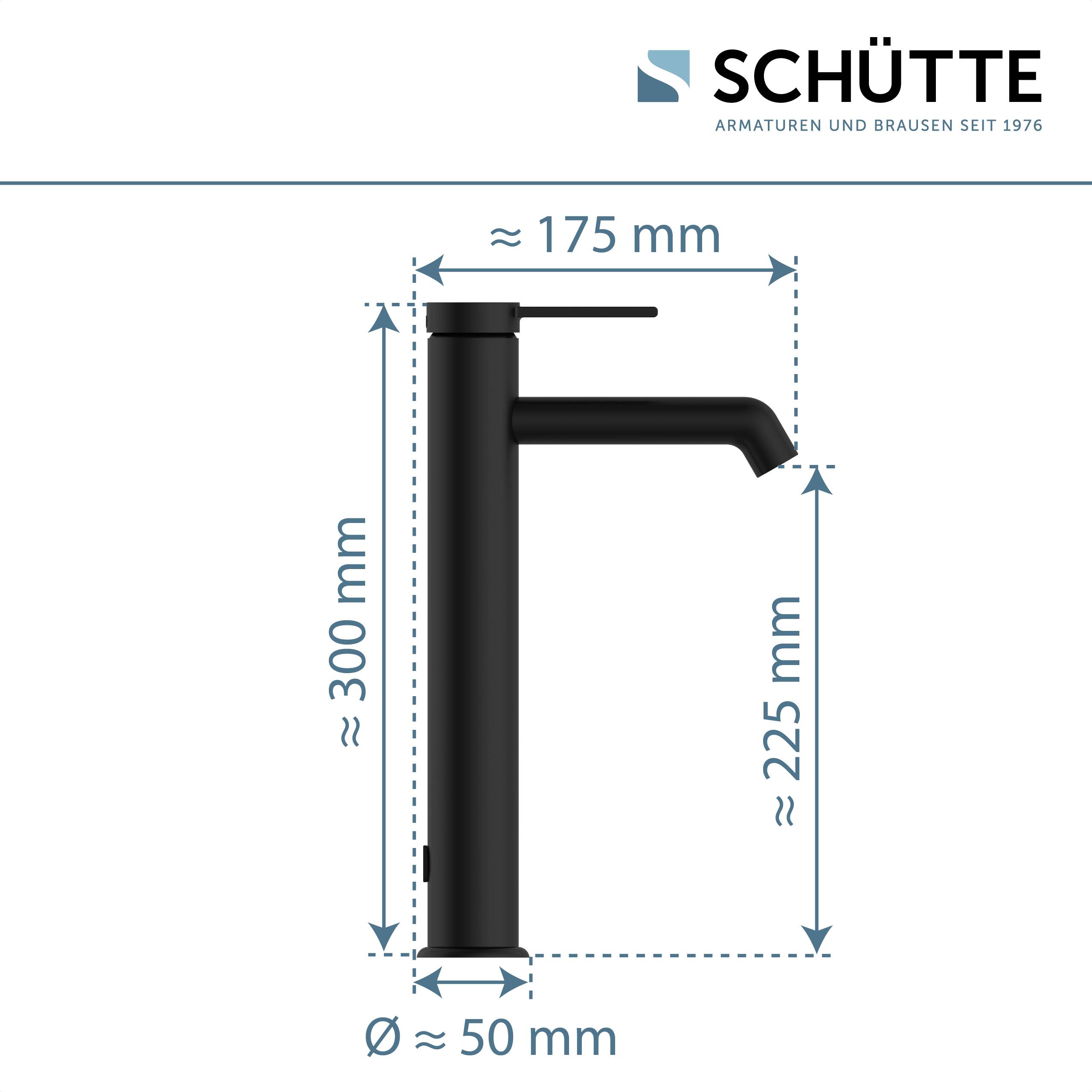 „Schwarze Armaturendesign mit Abmessungen: Höhe etwa 300 mm, Breite 50 mm und Auslauflänge 175 mm. Schütte-Logo oben rechts.