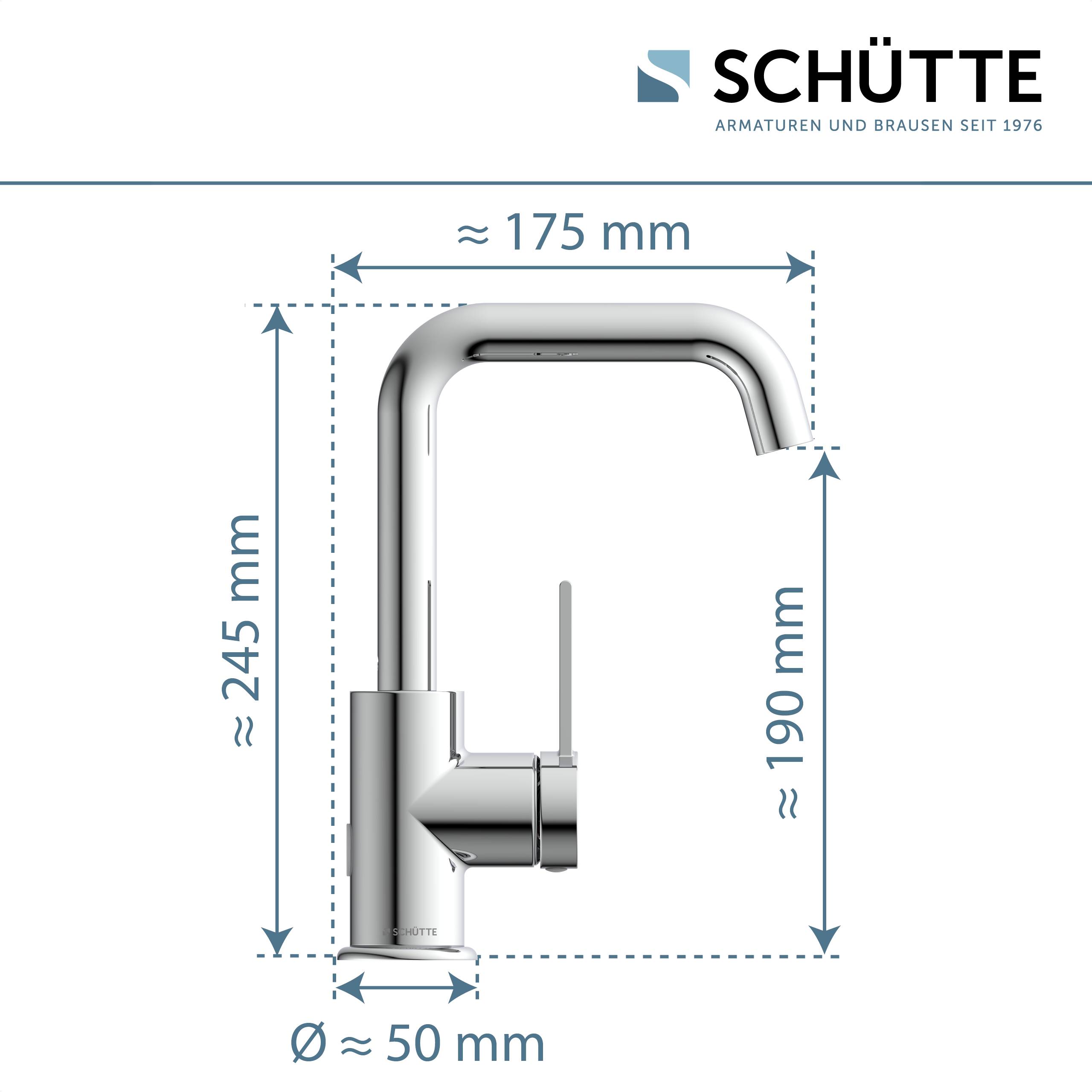 Chrom-Küchenarmatur mit hochbogenförmigem Design; Höhe 245mm, Auslaufweite 175mm, Basisdurchmesser 50mm. Marke Schütte.