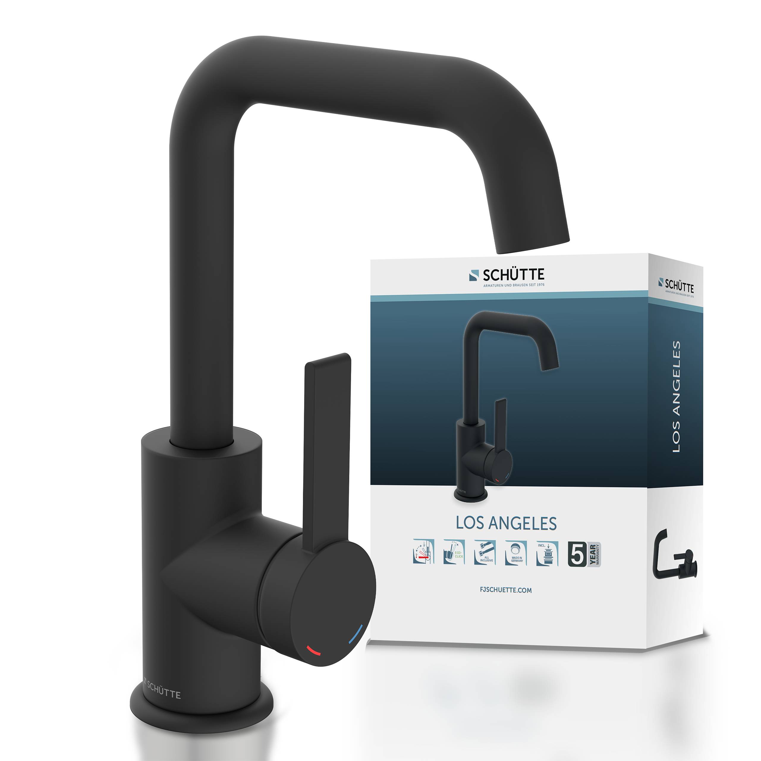 Ein schwarzer Wasserhahn für die Küche mit modernem Design wird zusammen mit seiner Verpackungsbox präsentiert, auf der die Marke und das Modellname hervorgehoben sind.