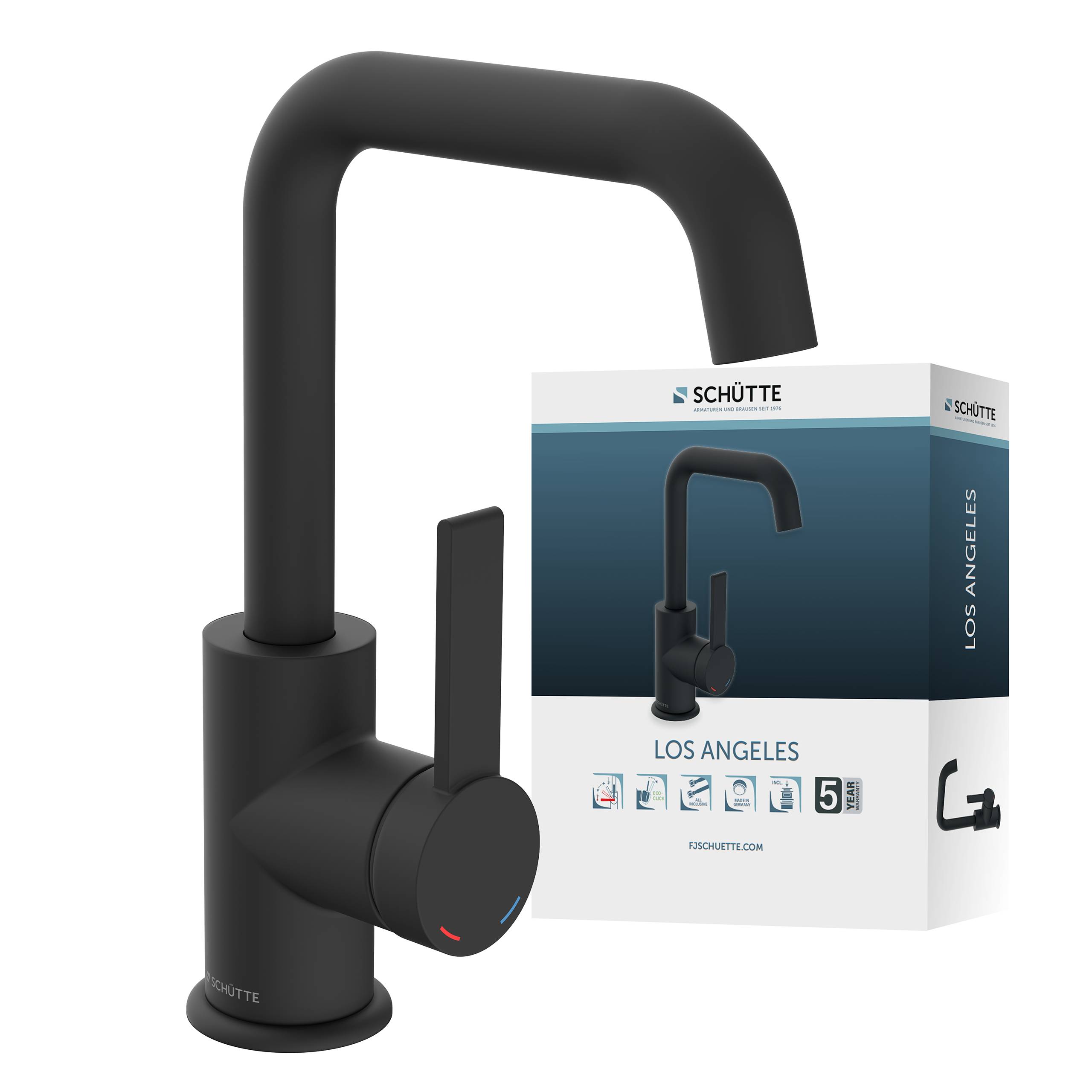 Schwarzer Küchenhahn mit quadratischem Bogensystem neben seiner Verpackung, gekennzeichnet mit „Los Angeles