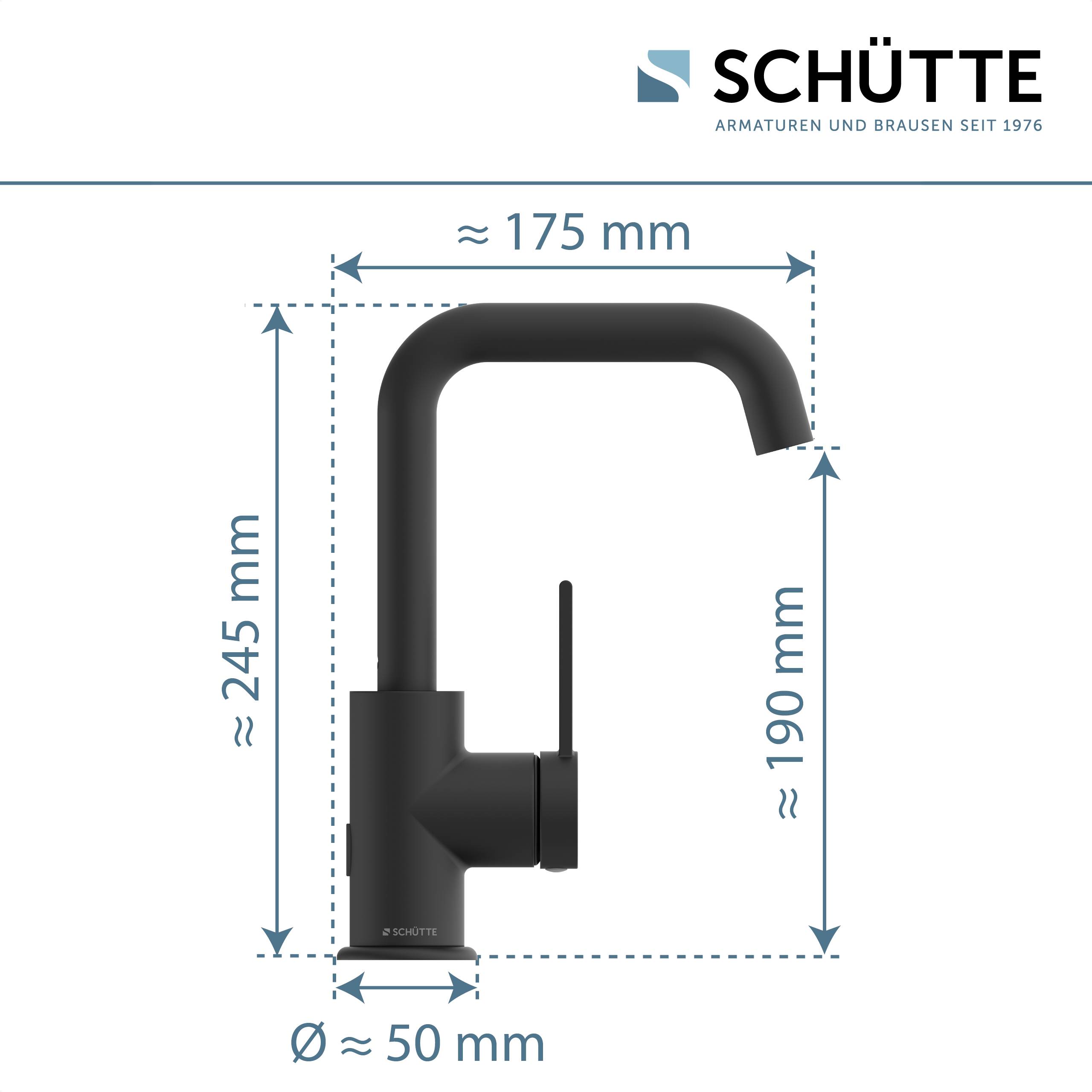Schwarze Küchenarmatur Maße: Höhe 245 mm, Auslauf 190 mm, Breite 175 mm, Basisdurchmesser 50 mm. Markenname „Schütte