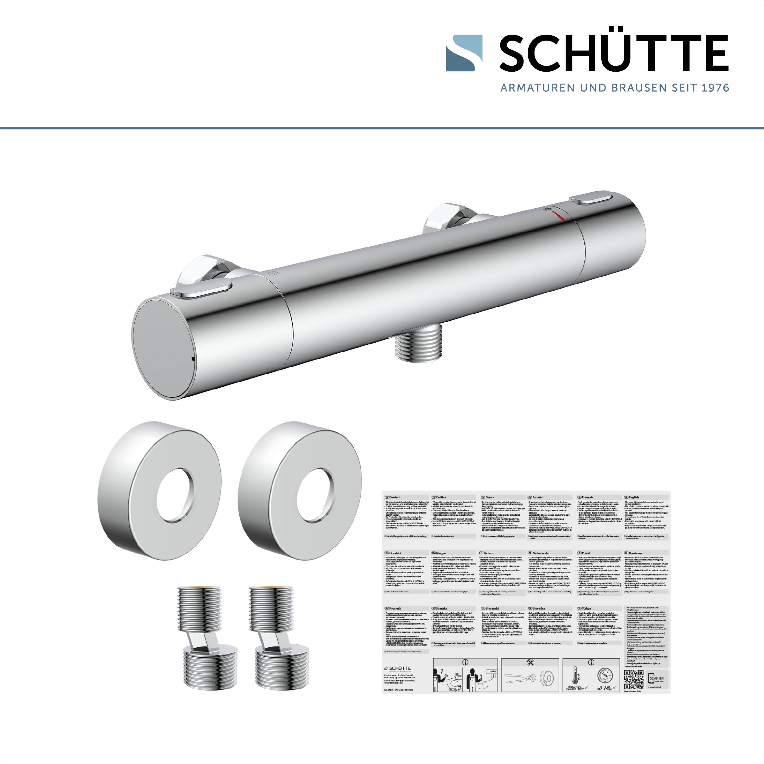 Thermostatisches Duschventil-Set mit zwei runden Wandabdeckungen, Adaptern und Installationsanleitung. Schütte-Markenlogo oben rechts.